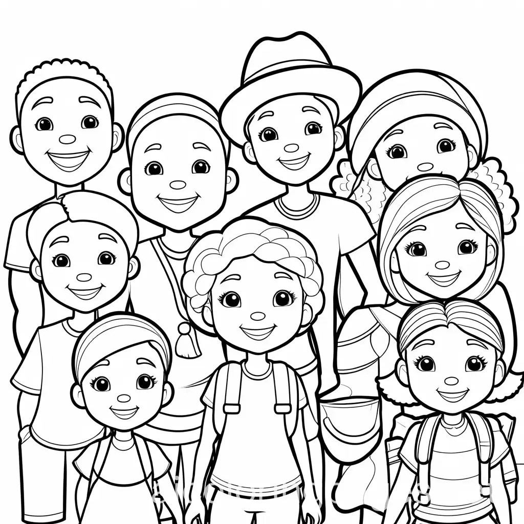 black american kids smiling: coloring page, Coloring Page, black and white, line art, white background, Simplicity, Ample White Space. The background of the coloring page is plain white to make it easy for young children to color within the lines. The outlines of all the subjects are easy to distinguish, making it simple for kids to color without too much difficulty