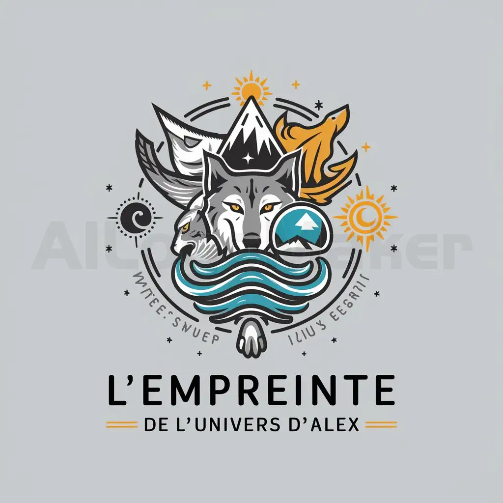 a logo design,with the text "L'empreinte de l'univers d'Alex", main symbol:Wolf, lynx's paw, eagle, mountain, water, sun, star,Moderate,clear background