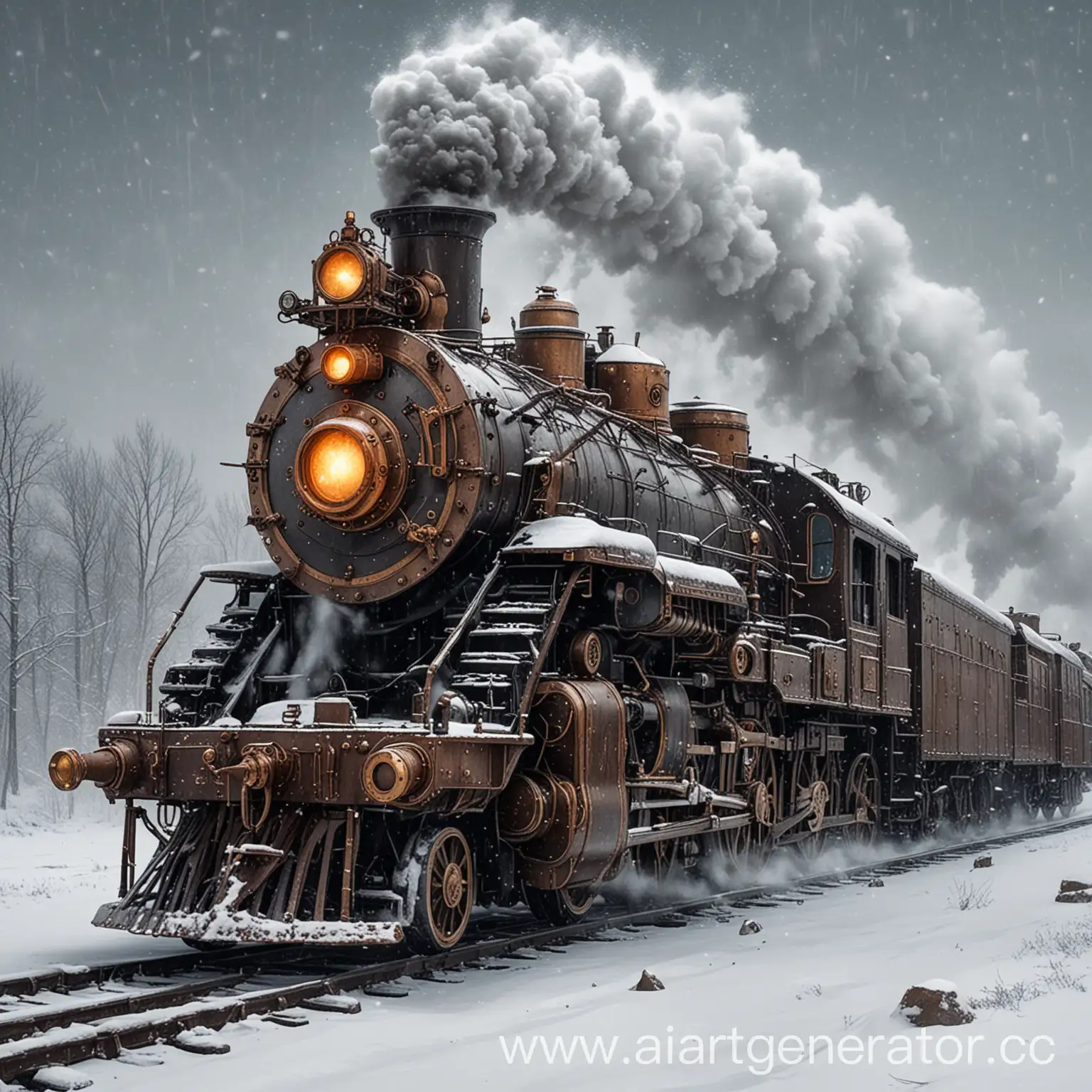 нарисуй стимпанк паровоз который едет по рельсам в большой снежной буре 