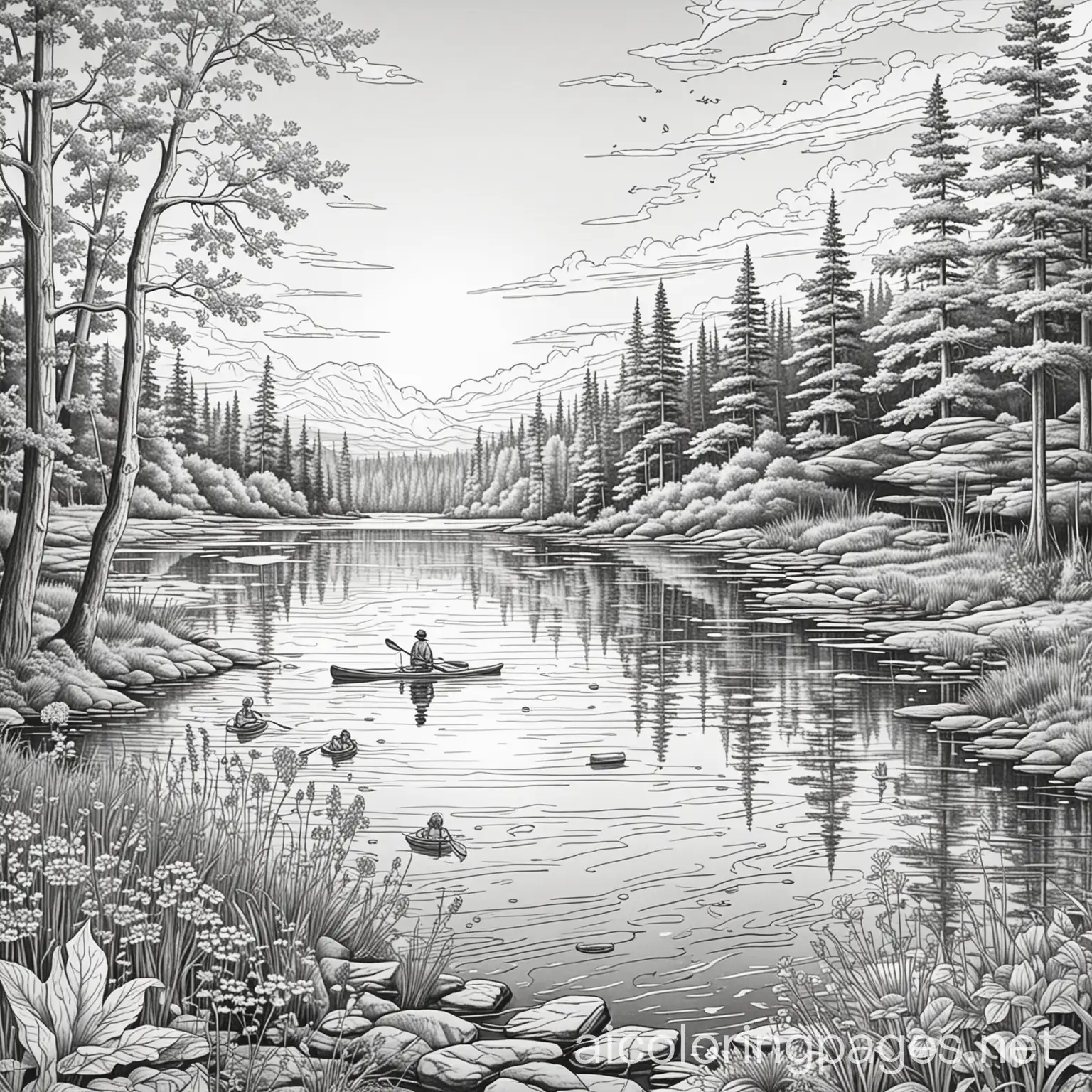 Make a bold black and white outlined coloring page of vintage summer lake. NO TREES IN THE IMAGE. Black figure with no district features or shape on board with a paddle. Sun reflecting on the water making it glimmer. With a diverse set of nature such as different types of plants and flowers. No trees. Make a sun in the sky. Make the lake over 75% of the image. I don't want it to take up a majority of the image. No trees. NO TREES., Coloring Page, black and white, line art, white background, Simplicity, Ample White Space. The background of the coloring page is plain white to make it easy for young children to color within the lines. The outlines of all the subjects are easy to distinguish, making it simple for kids to color without too much difficulty