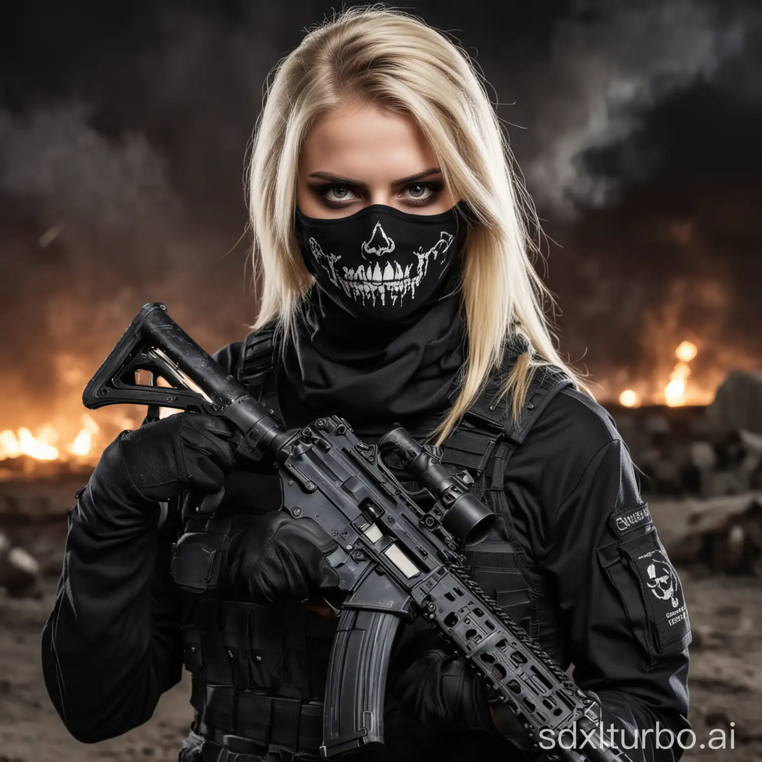 Beautiful blonde girl with very fair skin in black black tactical military uniform using a black balaclava with skull pattern, black tactical gloves, carrying an assault rifle, night and explosions in the background 