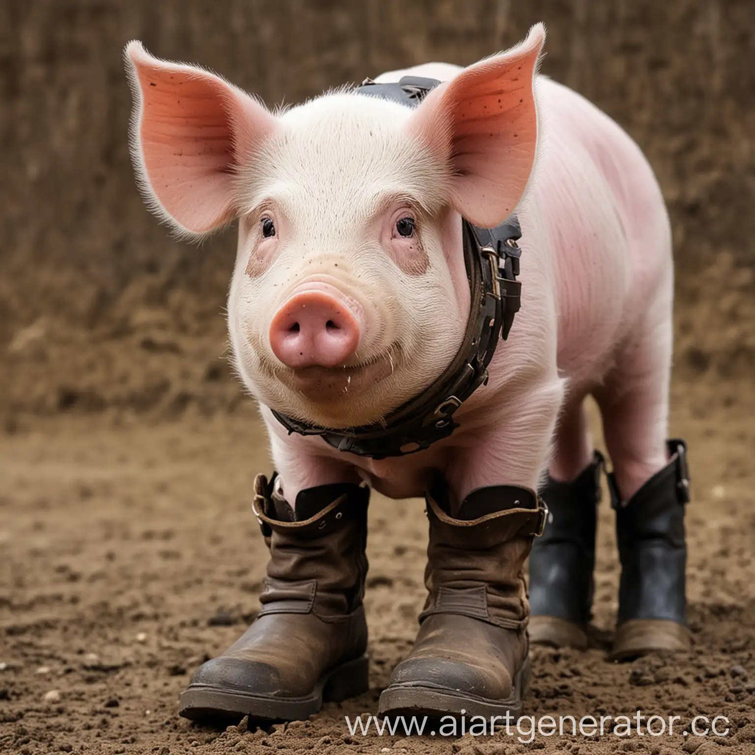 Pig-Wearing-Muzzle-and-Boots-in-Rustic-Farm-Setting
