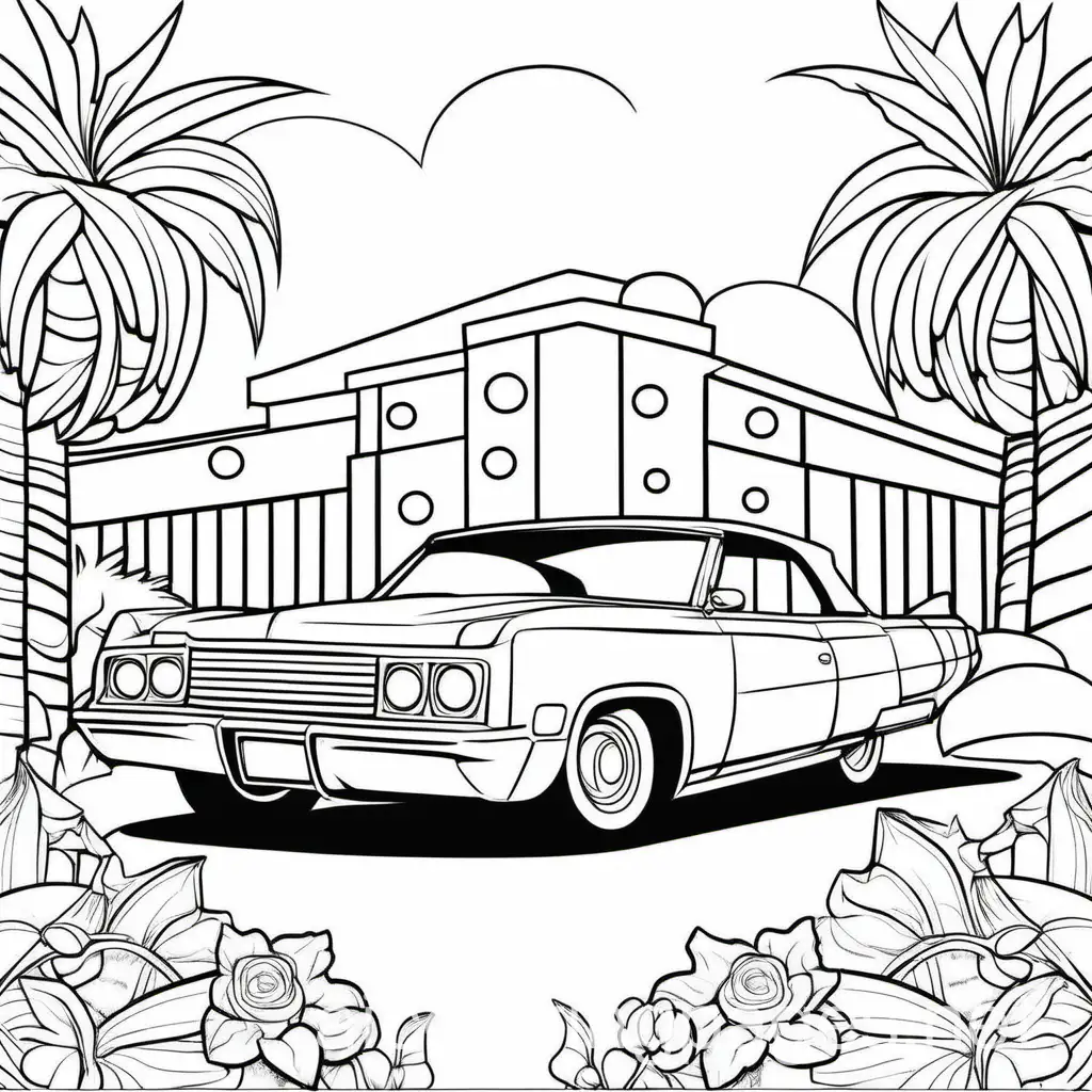 lowrider fantasy, Coloring Page, black and white, line art, white background, Simplicity, Ample White Space. The background of the coloring page is plain white to make it easy for young children to color within the lines. The outlines of all the subjects are easy to distinguish, making it simple for kids to color without too much difficulty, Coloring Page, black and white, line art, white background, Simplicity, Ample White Space. The background of the coloring page is plain white to make it easy for young children to color within the lines. The outlines of all the subjects are easy to distinguish, making it simple for kids to color without too much difficulty