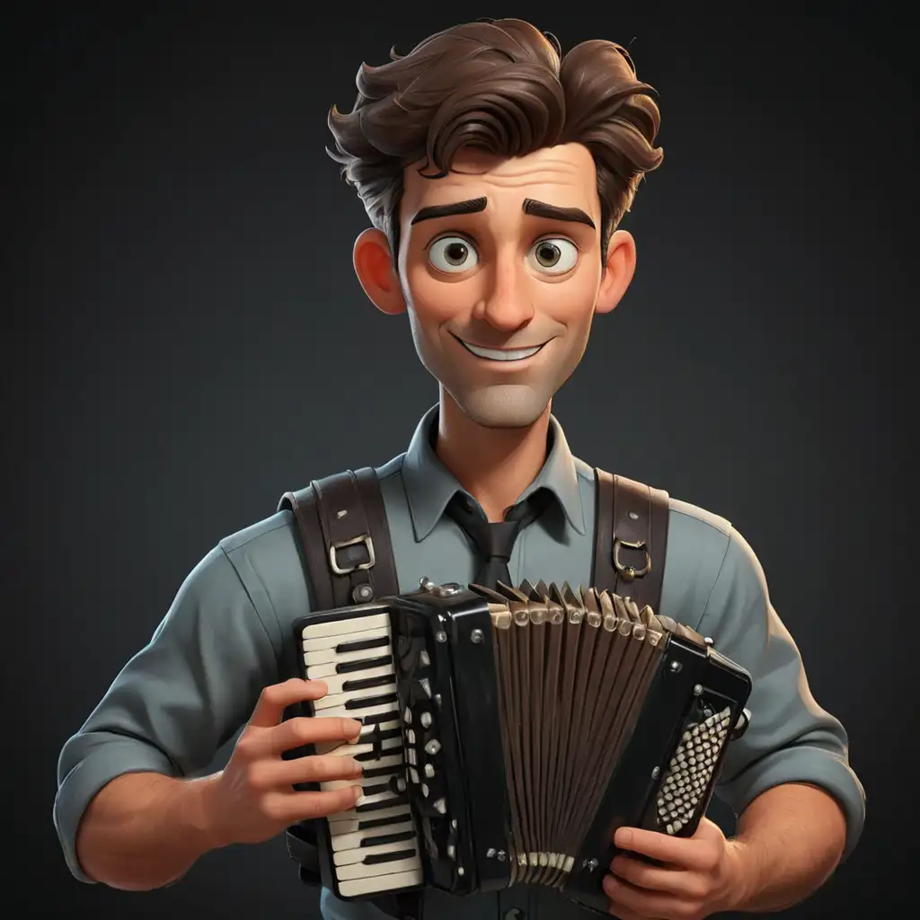 Cartoon-Handsome-Man-Choosing-Between-Accordion-and-Bottles-on-Black-Background