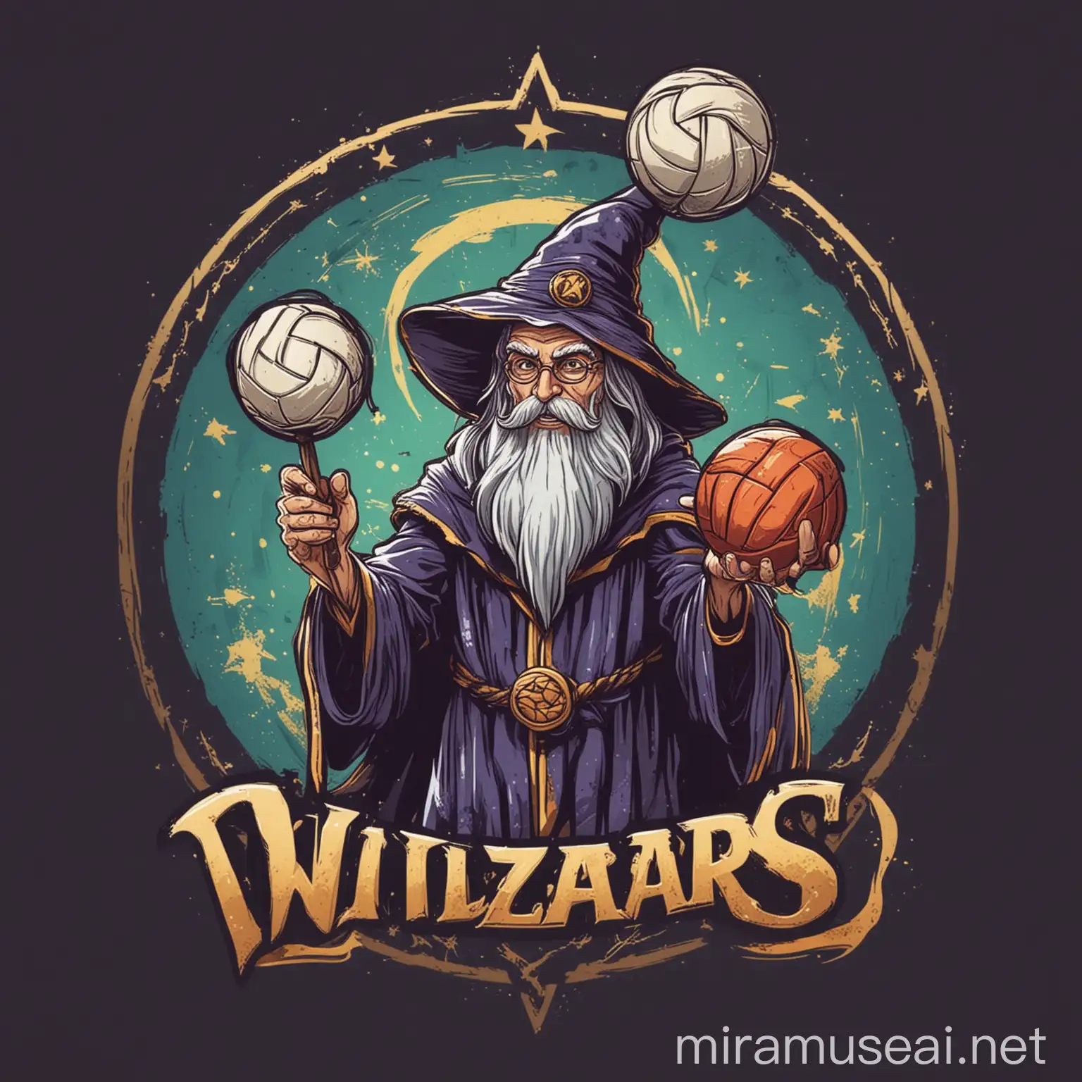 Wizard Playing Volleyball with Magical Logo