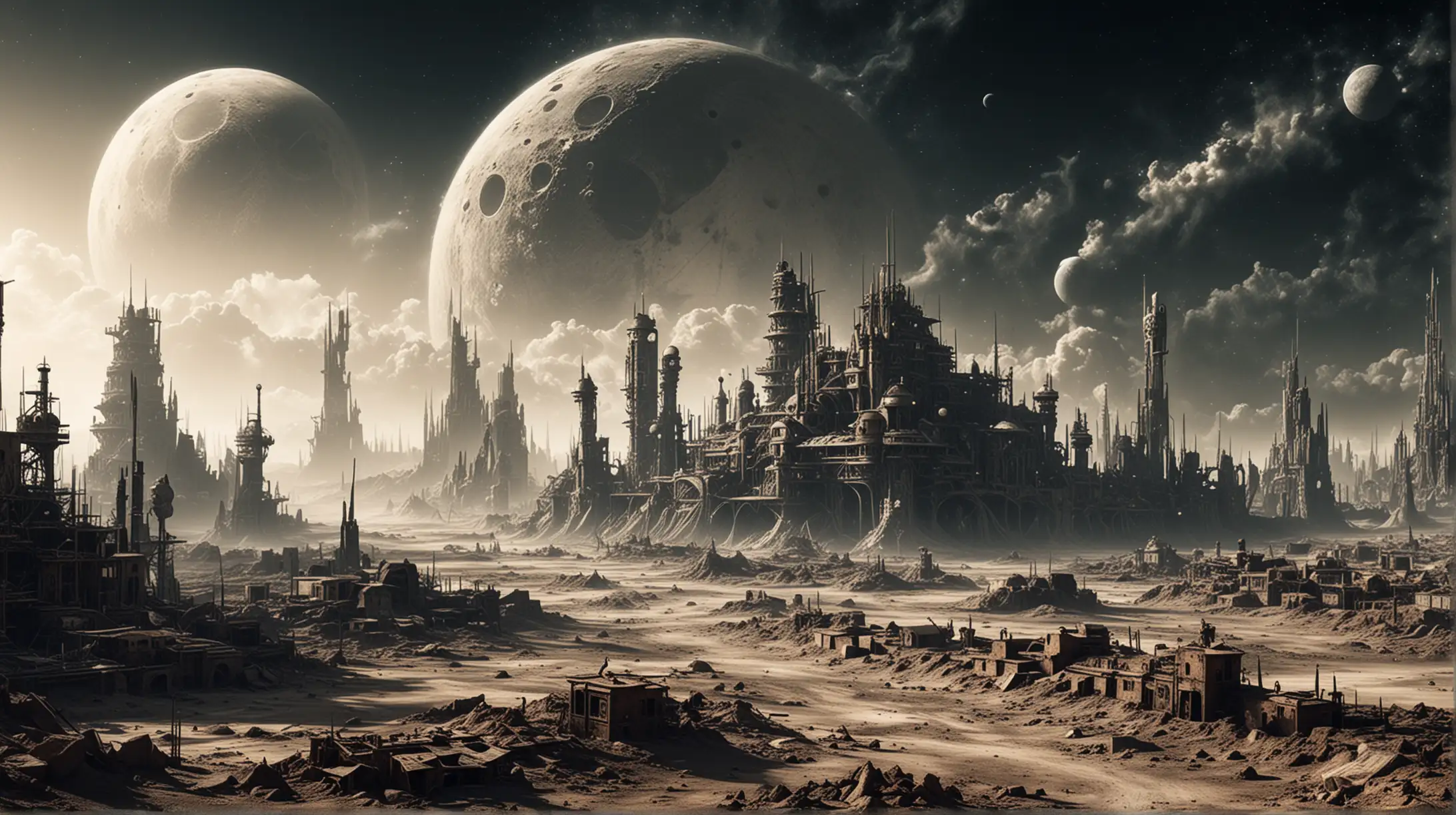 abandoden steampunk city on the moon, all buildings are covered by dust, the earth is visible in the sky