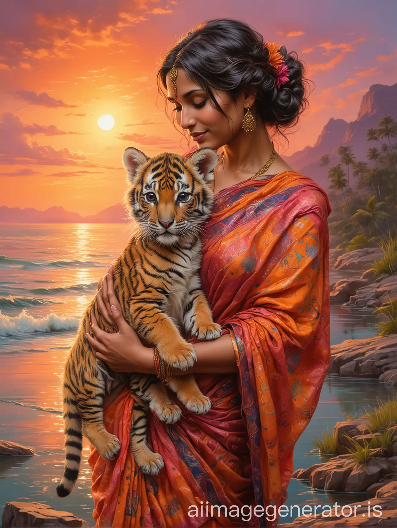 J. Allen St. John art, hindi woman in an intricate vibrant colors sari , woman holding a cute little tiger cub, looking lovingly at the tiger, vibrant sunset waterscape in the background