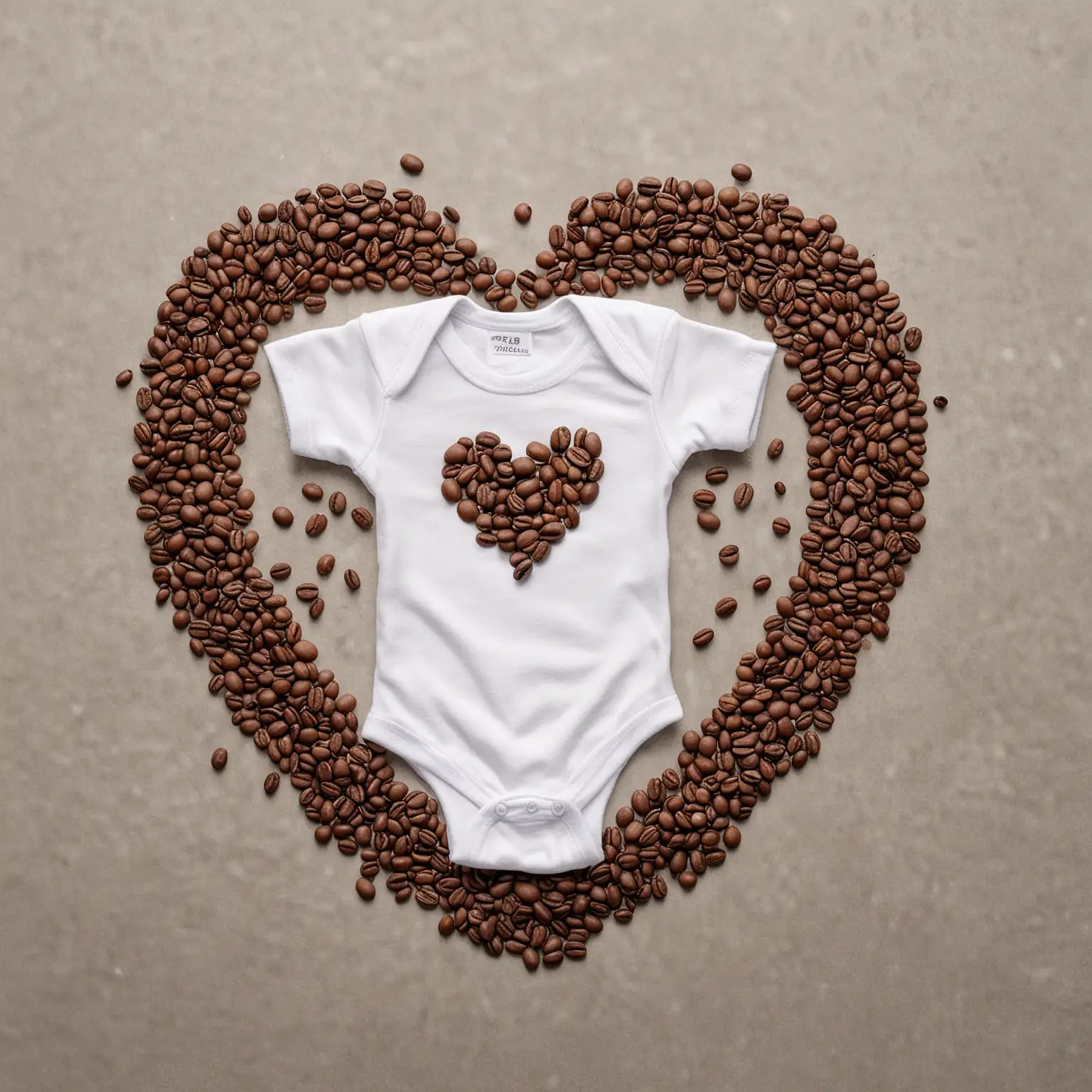 flat lay image, white Baby onesie, spilt coffee beans, beans in the shape of a heart
