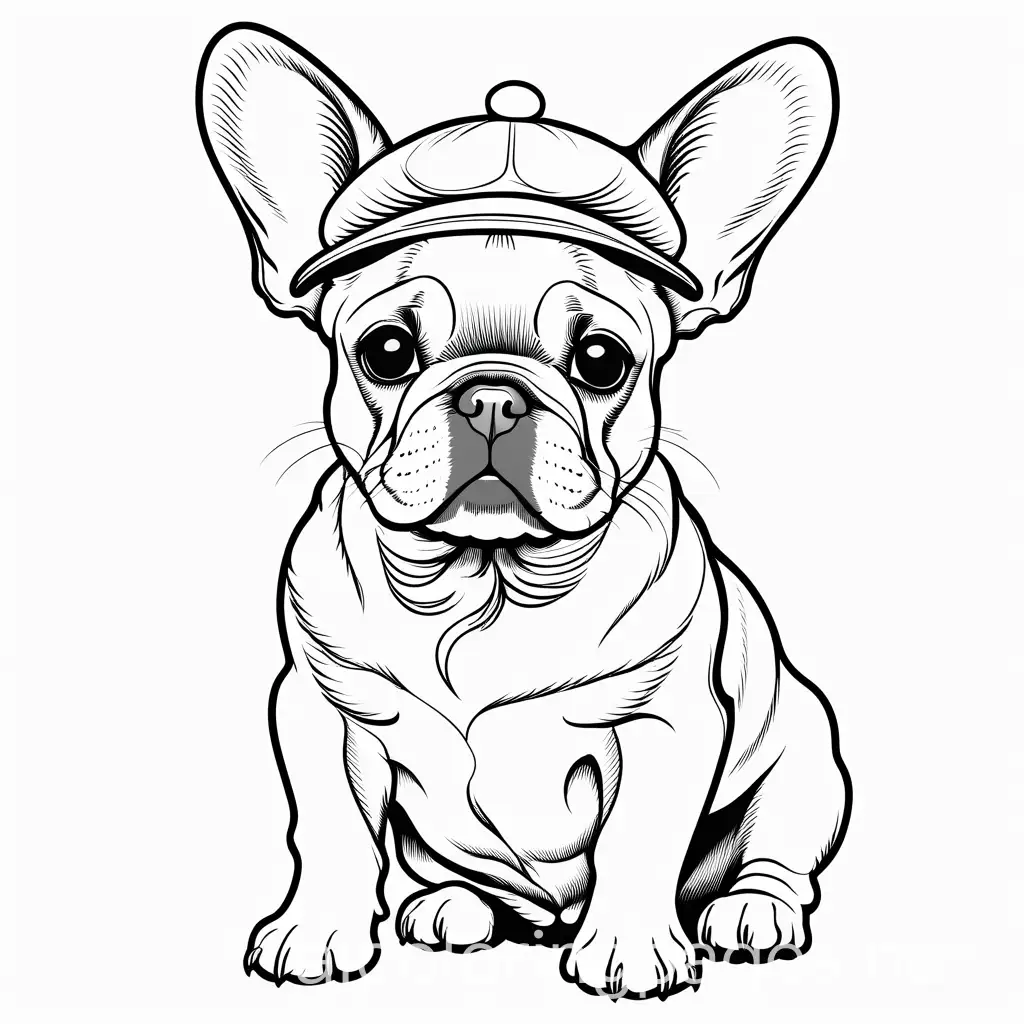 Generate a highly detailed and realistic image of a French Bulldog puppy, the puppy should display its wrinkled face and large bat-like ears, the puppy is wearing an oversized, classic French beret, depicted with detailed texture to show the soft, slouchy fabric, Coloring Page, black and white, line art, white background, Simplicity, Ample White Space. The background of the coloring page is plain white to make it easy for young children to color within the lines. The outlines of all the subjects are easy to distinguish, making it simple for kids to color without too much difficulty