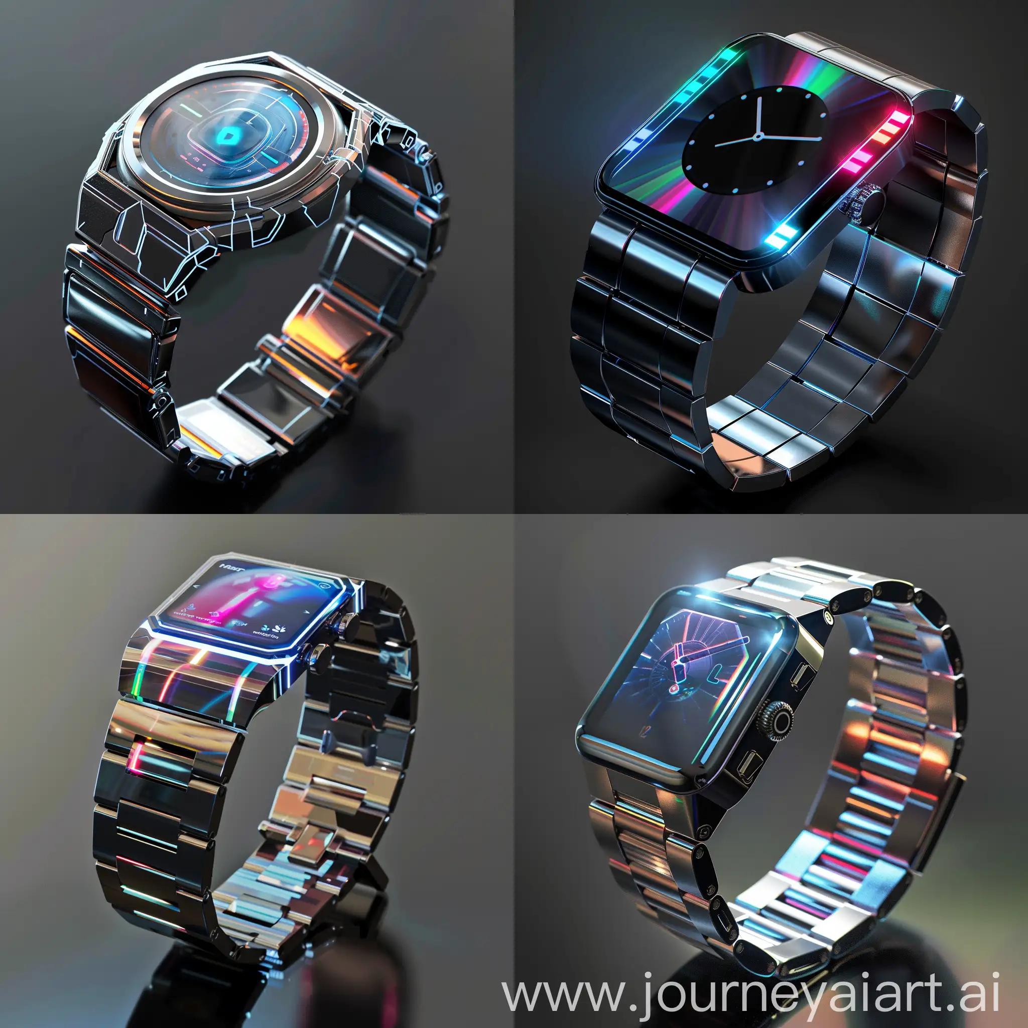 futuristic smartwatch with a holographic display, sleek metallic finish, and customizable bands