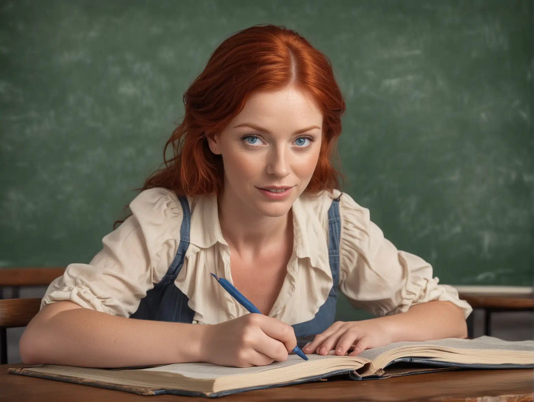Red Haired Teacher Signing a Book with Blue Eyes