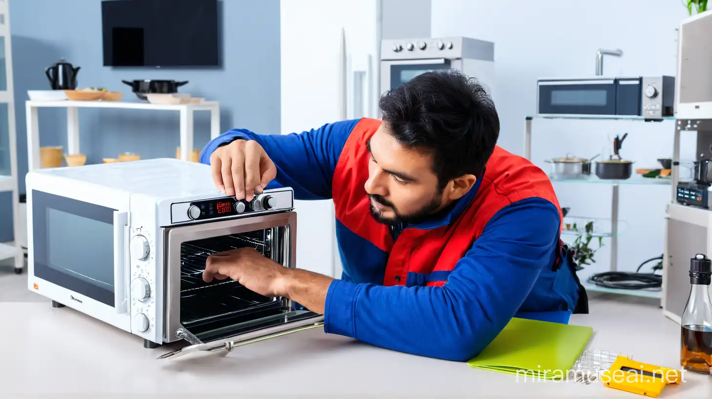 I want a banner image for an electronics company where a micro oven mechanic is repairing a micro oven directly looking at it
