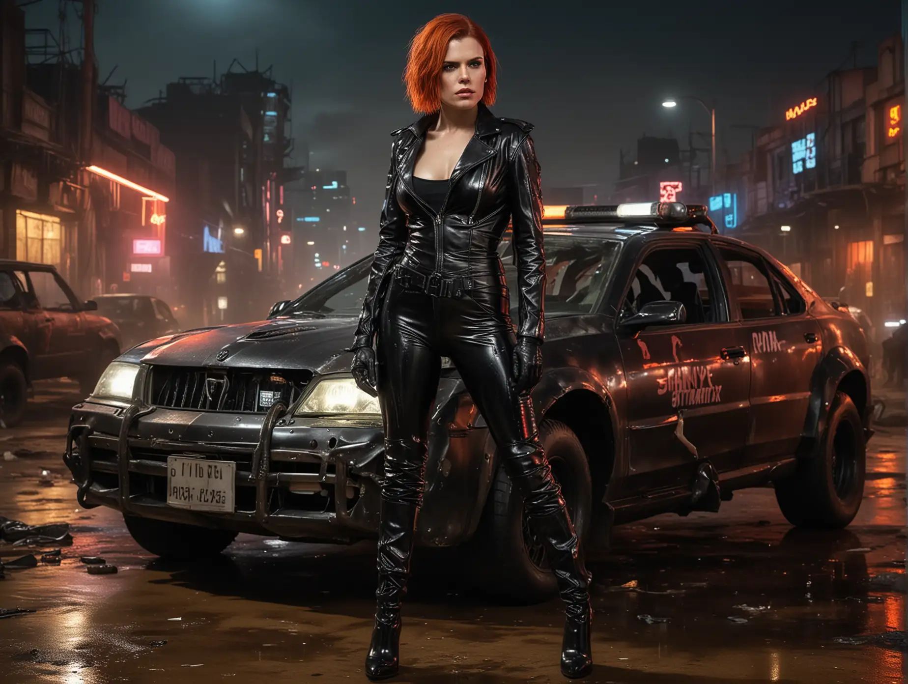 realistic photo cyberpunk police Clea Duvall with red hair and standing , wearing black low-cut shinny pvc catsuit , shinny pvc jacket , wearing long shiny pvc gloves , wearing shinny pvc thigh high boots , in destroyed cyberpunk city at night , next to mad max police car , inlighted with neons