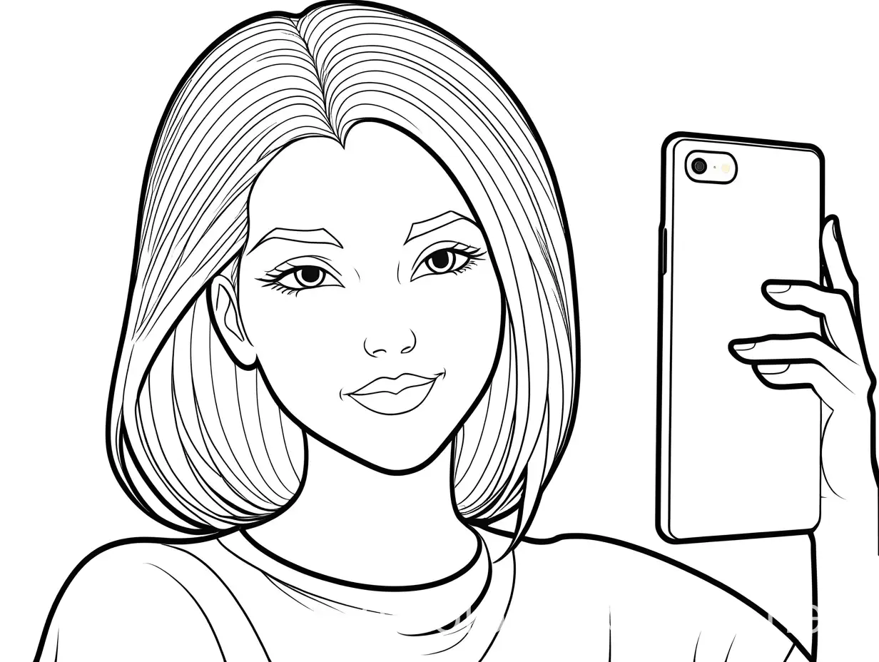 Woman with white hair front view taking selfies, Coloring Page, black and white, line art, white background, Simplicity, Ample White Space., Coloring Page, black and white, line art, white background, Simplicity, Ample White Space. The background of the coloring page is plain white to make it easy for young children to color within the lines. The outlines of all the subjects are easy to distinguish, making it simple for kids to color without too much difficulty
