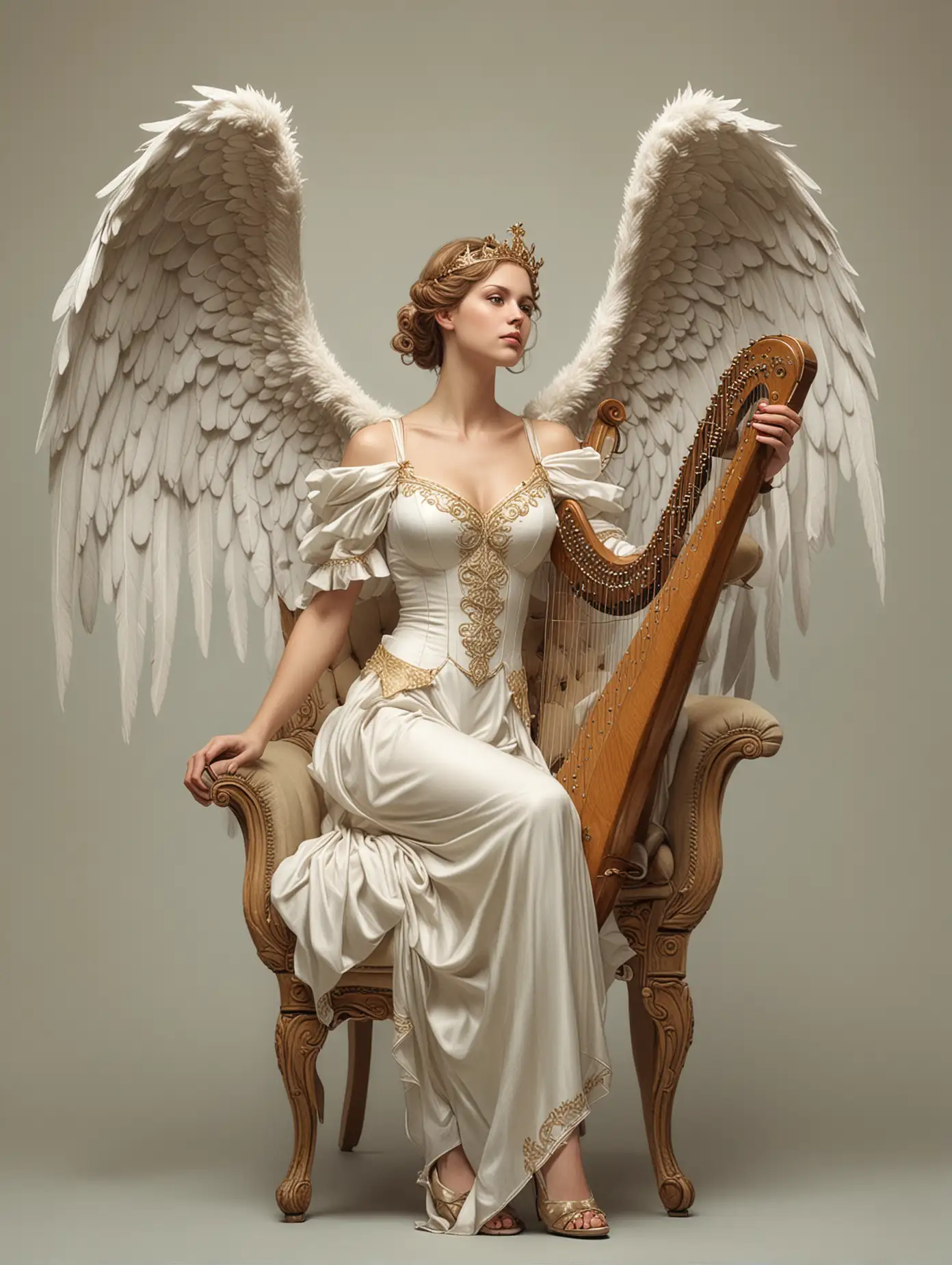 Highly detailed colored pencil sketch drawing of a beauty european woman in cosplay as angel with large wings, her head were covered with crown, sitting in chair and playing a large harp, full body view, graceful, fantasy theme, intricate details, sharp focus, matte colorful organic shape, masterpiece art, high resolution, concept art