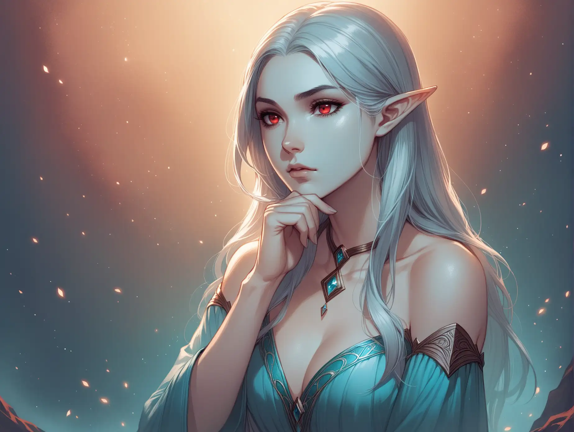 Beautiful storyteller mage, dark elf, big chest, gray hair, pale-blue skin, red eyes, pondering with hand on chin, discontented gaze, Fantasy style, Charlie Bowater, pastel