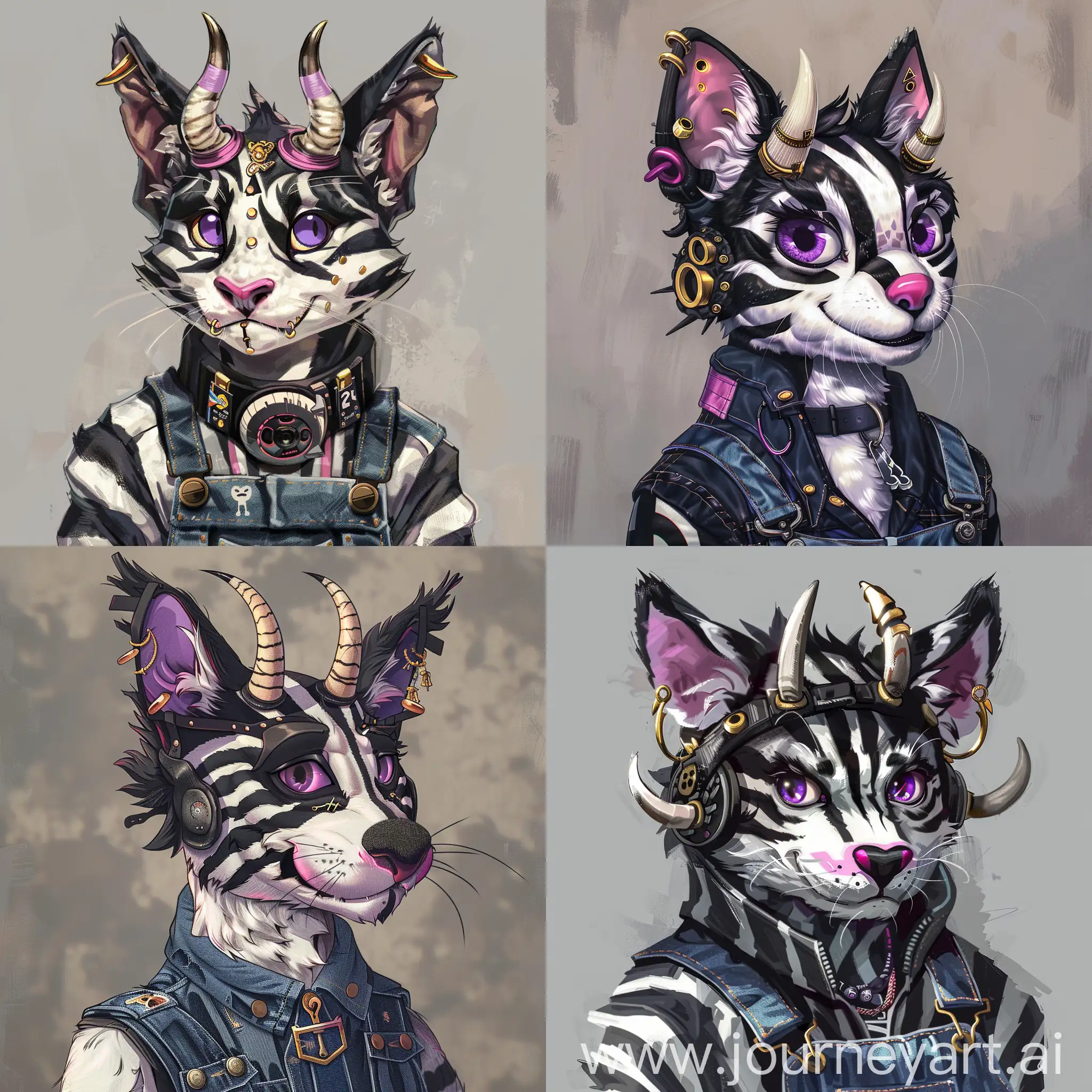 A striped Black and white cat and bull terrier fusion, purple eyes, black and pink nose, motorsport outfit with denim overalls, horns with gold piercings, furry fandom character, digital artwork