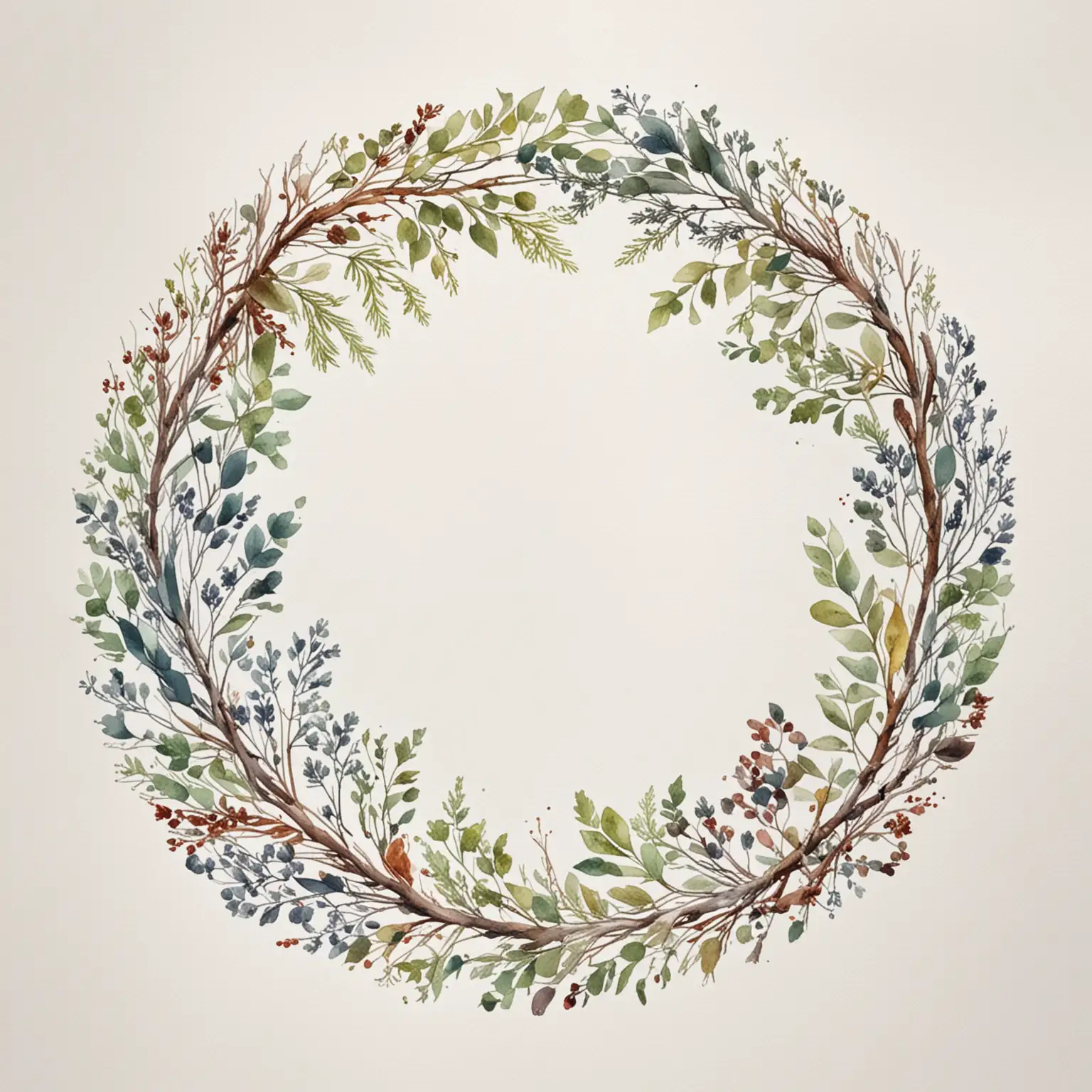 Watercolor Circle of Twigs on White Background