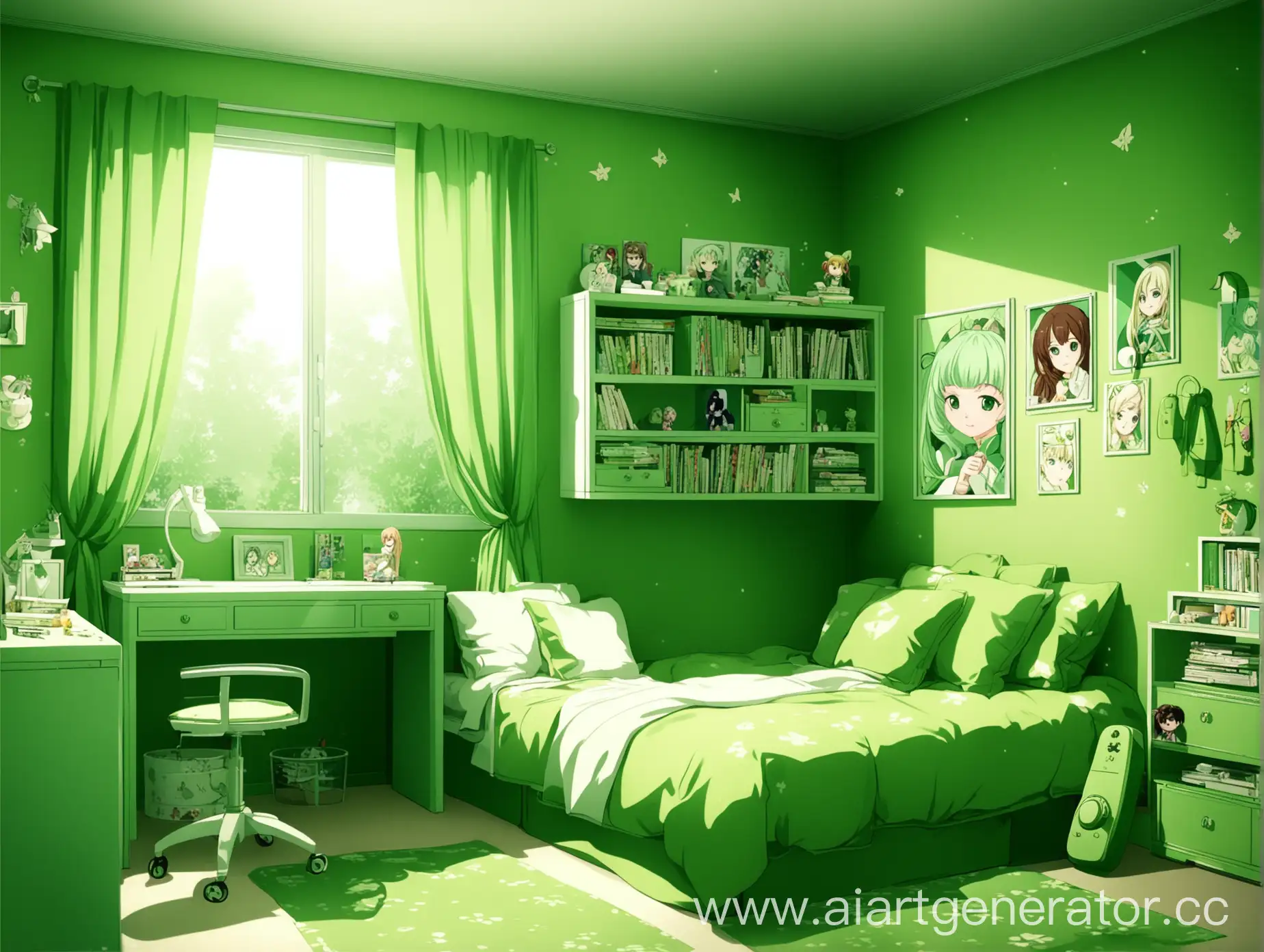 комната скромной девочки в зеленых тонах любит аниме