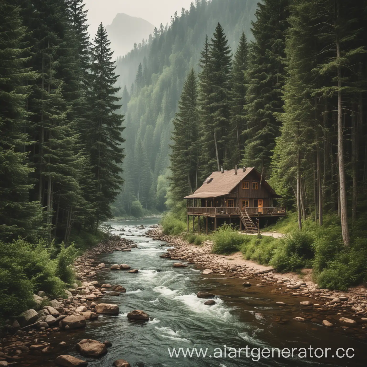 Serene-Forest-Landscape-with-Mountainous-River-and-Rangers-Cabin