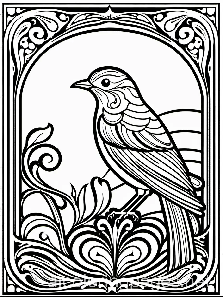 art nouveau style, framed fancy bird, Coloring Page, black and white, line art, white background, Simplicity, Ample White Space. The background of the coloring page is plain white to make it easy for young children to color within the lines. The outlines of all the subjects are easy to distinguish, making it simple for kids to color without too much difficulty