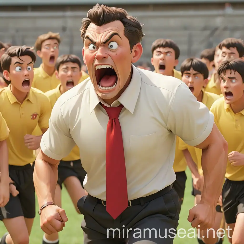 Animated School Football Coach Yelling at Team in Yellow Jerseys