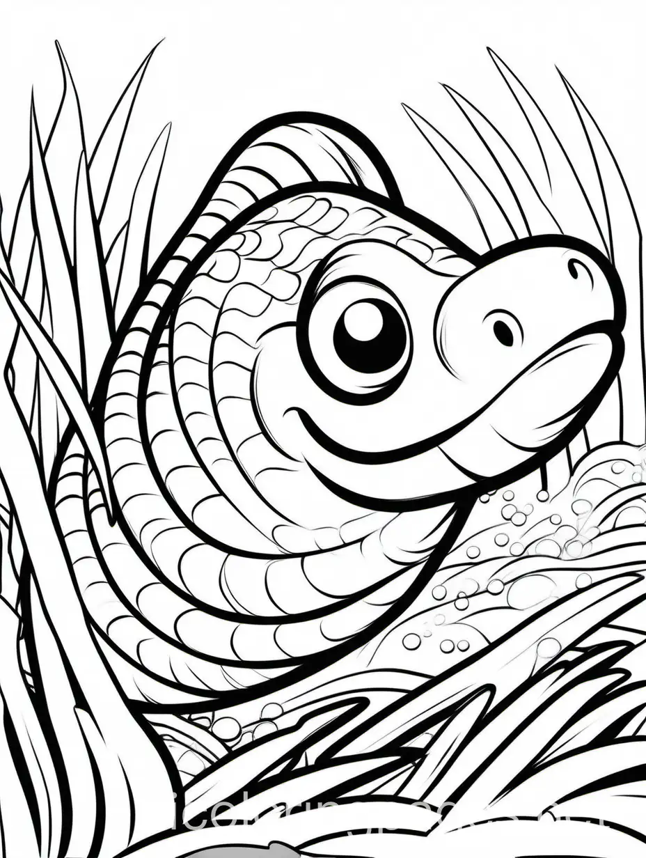EEL

CARTOONY, Coloring Page, black and white, line art, white background, Simplicity, Ample White Space. The background of the coloring page is plain white to make it easy for young children to color within the lines. The outlines of all the subjects are easy to distinguish, making it simple for kids to color without too much difficulty