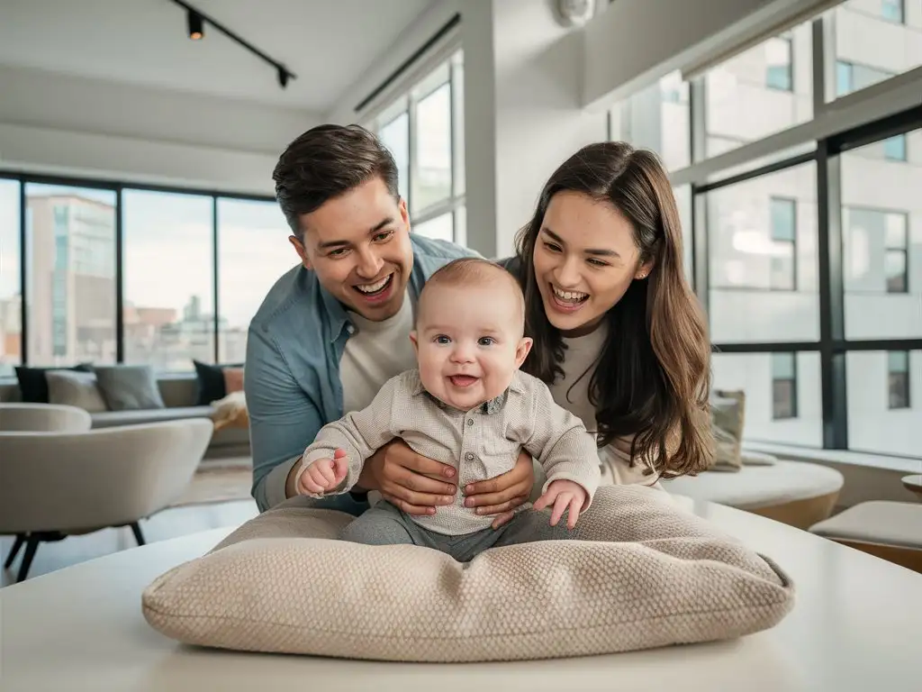 young parents playing with a baby in an apartment, new building, photo, bright interior