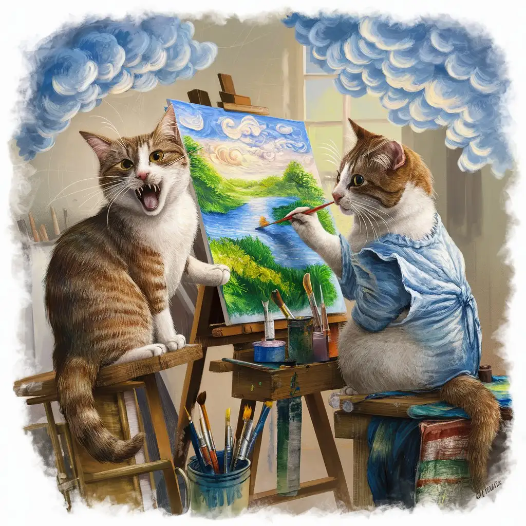 Two Cats Painting Together Collaborative Feline Artwork