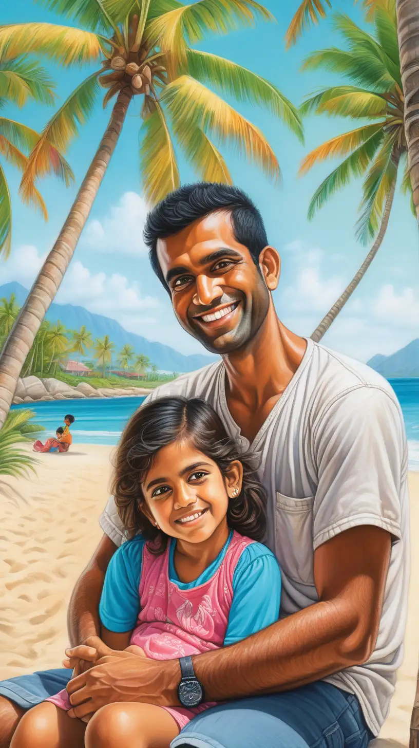 Blend modern  portraiture with modern photorealism.
Capture  A South Asian man with kind eyes and a warm smile sits under the coconut trees, by the beach, his arm wrapped around his young daughter (around 6 years old) who rests her head on his shoulder. They both laugh together, a book with colorful illustrations lying open on the man's lap.