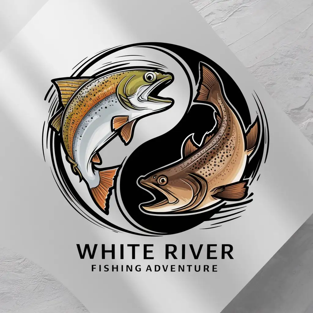 a logo design,with the text 'White River Fishing Adventure', main symbol:colorful rainbow trout brown trout yin yang circle style caricature painted brush strokes,complex,white background