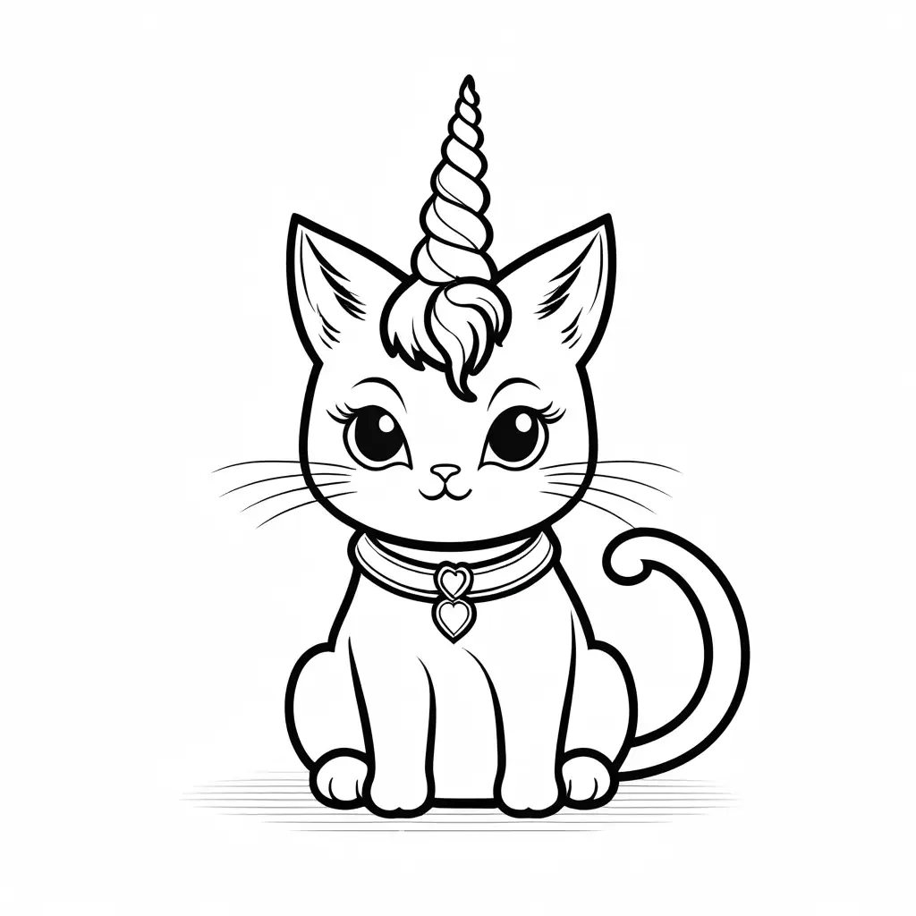cat with unicorn horn cartoon, Coloring Page, black and white, line art, white background, Simplicity, Ample White Space. The background of the coloring page is plain white to make it easy for young children to color within the lines. The outlines of all the subjects are easy to distinguish, making it simple for kids to color without too much difficulty