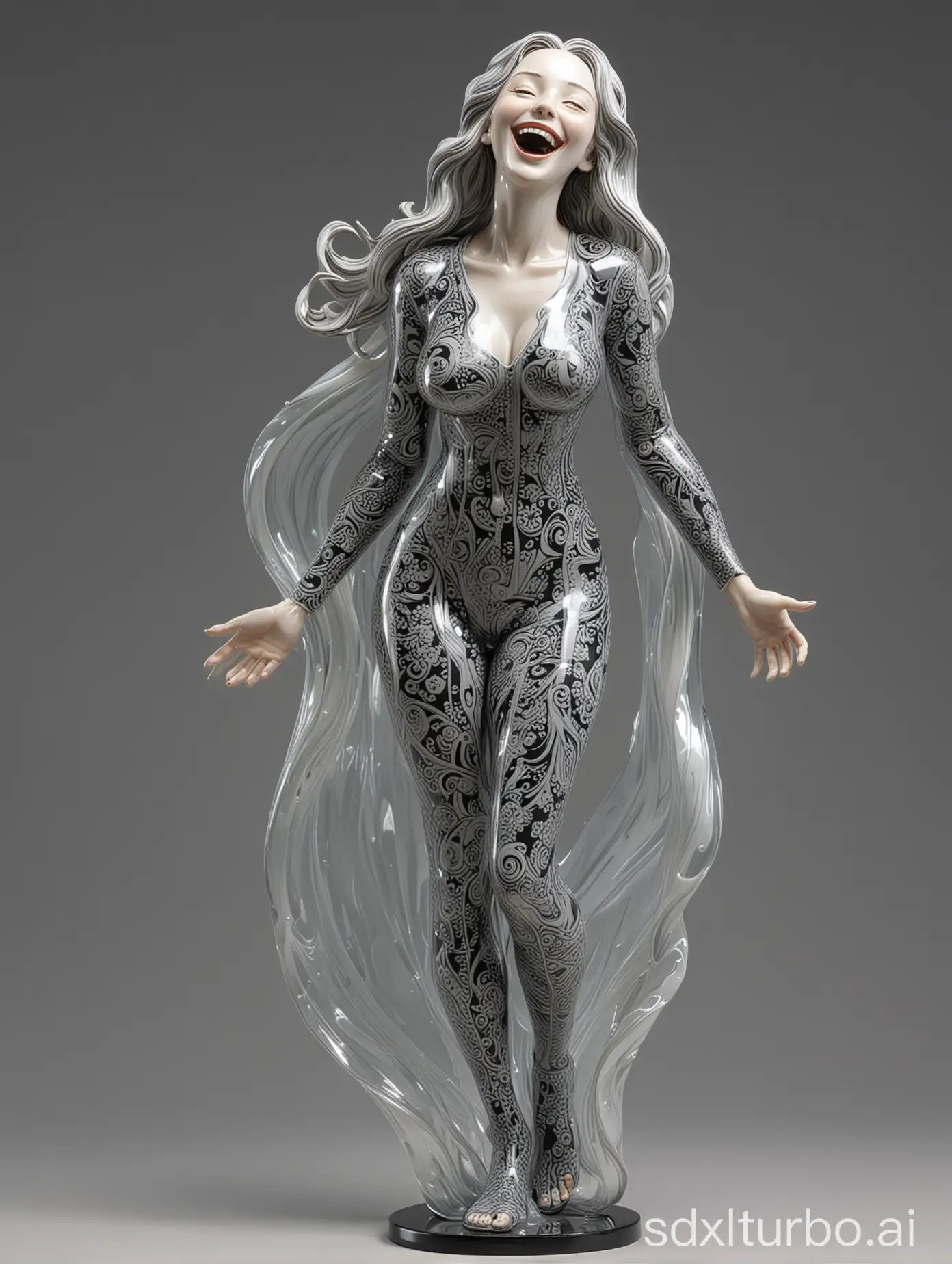 ceramics statue of an attractive woman,laughing, ((open eyes,full body,standing)) ，wrapped in glass,with white highlights, Long hair with S-shaped curve. Partially metallic, light refracts, solid black background, Succinctly summarized, in the style of James Jean and Moebius