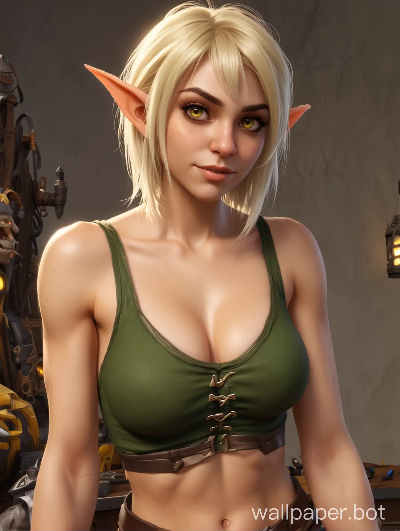 (world of warcraft, in a realistic style,) (Girl, hybrid: elf-goblin) (Physique: tall, medium weight, with yellow eyes, with short hair,) (Voluminous full chest, Increase breast size by 5 times) (In a tank top) In the apartment Selfie