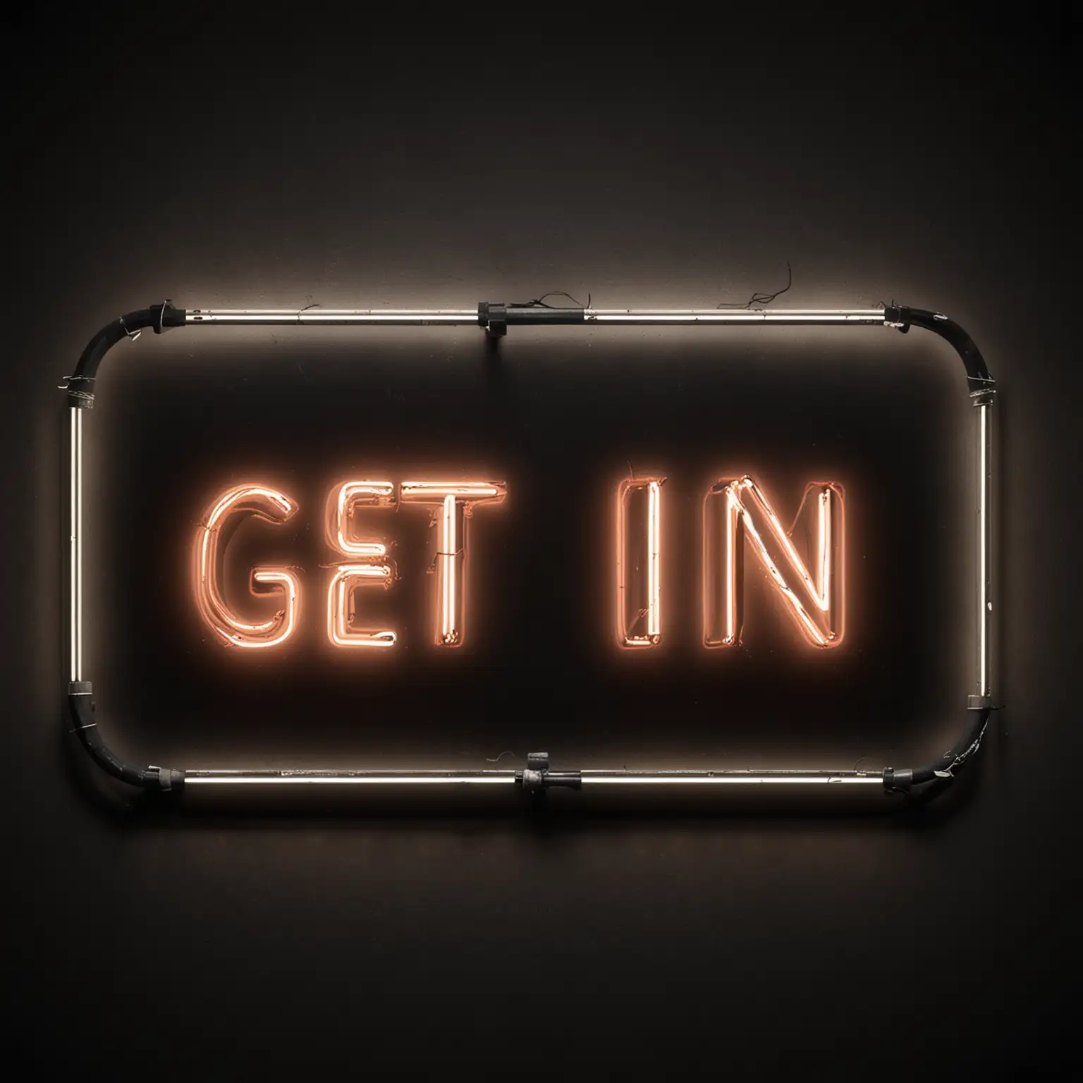 Dark Neon Sign GET IN Illuminating Blank Black Background