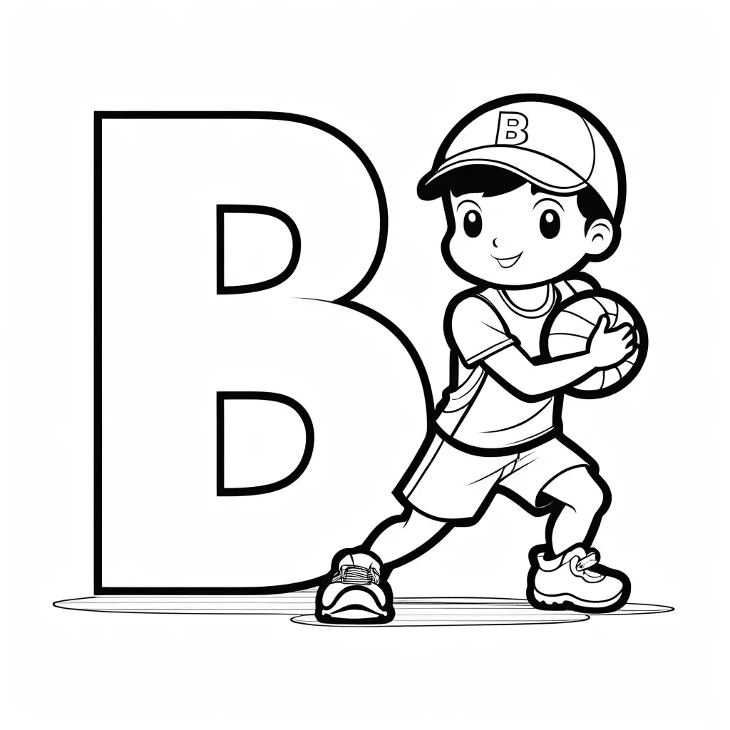 Kids sports and the letter B, Coloring Page, black and white, line art, white background, Simplicity, Ample White Space. The background of the coloring page is plain white to make it easy for young children to color within the lines. The outlines of all the subjects are easy to distinguish, making it simple for kids to color without too much difficulty