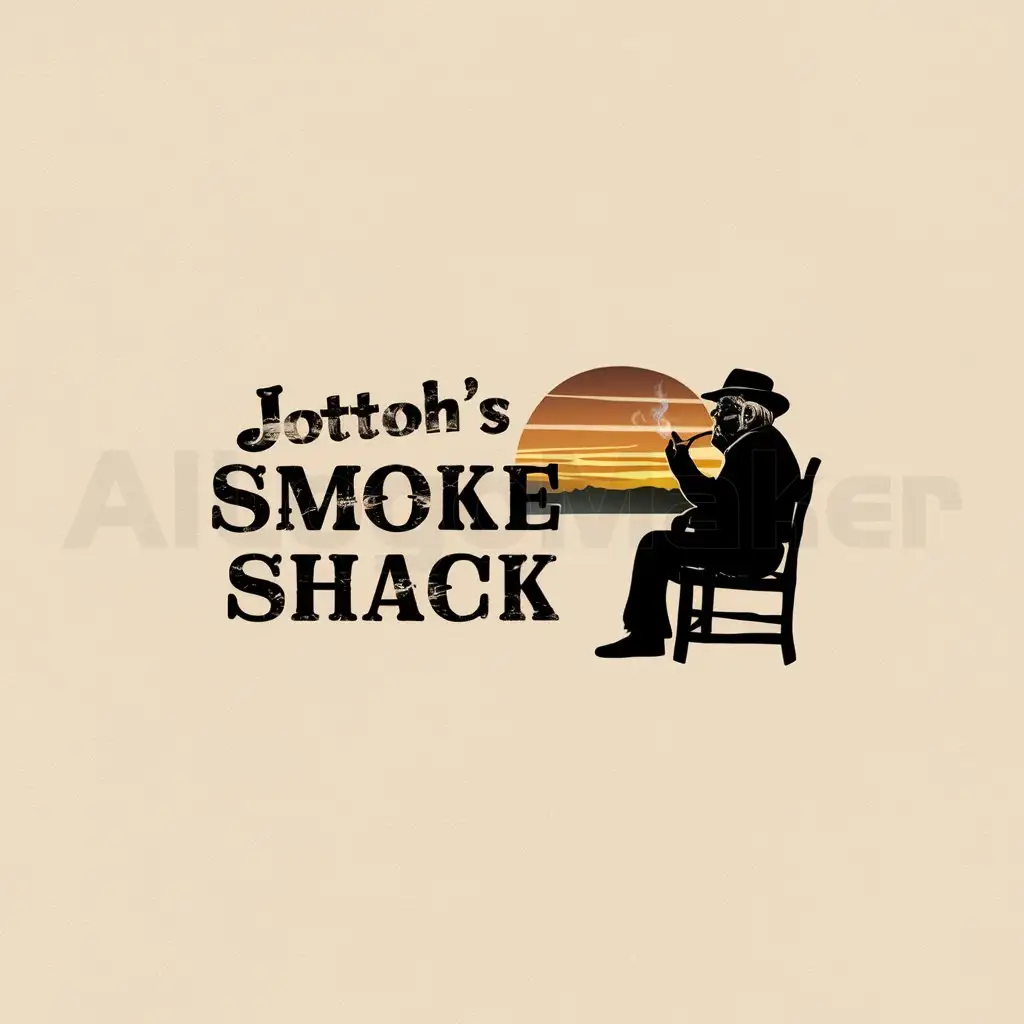 a logo design,with the text "Jottoh's Smoke Shack", main symbol:An old man sitting outside of his rickety old shack smoking a pipe watching the sunset on the horizon.,Minimalistic,be used in Others industry,clear background