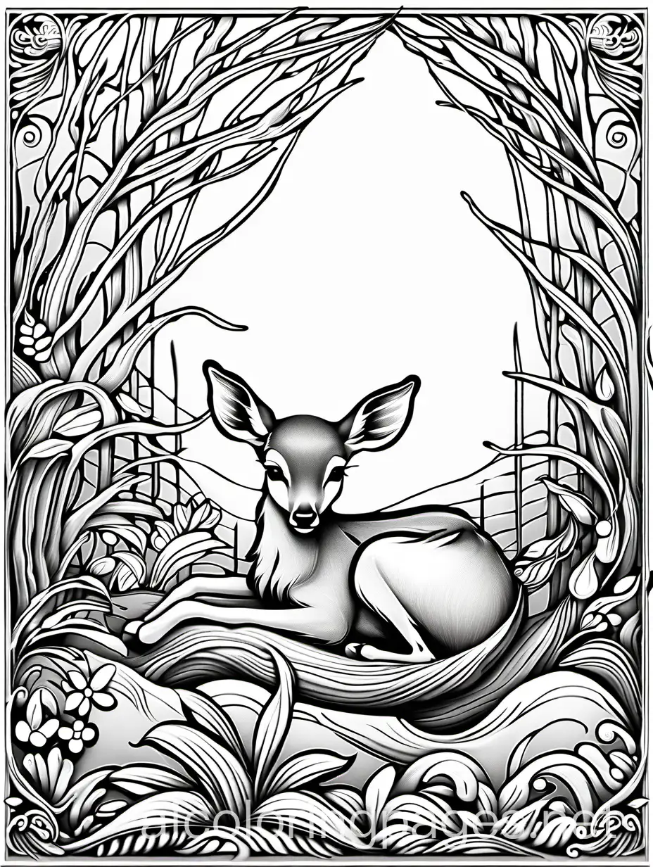 beneath an ivory moon, the fawn lay sleeping, Jean-Baptiste Monge style, Coloring Page, black and white, line art, white background, Simplicity, Ample White Space. The background of the coloring page is plain white to make it easy for young children to color within the lines. The outlines of all the subjects are easy to distinguish, making it simple for kids to color without too much difficulty
