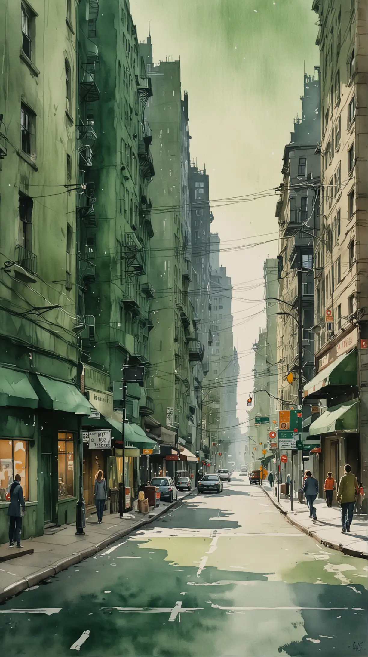 hunter green watercolour painting of city streets
