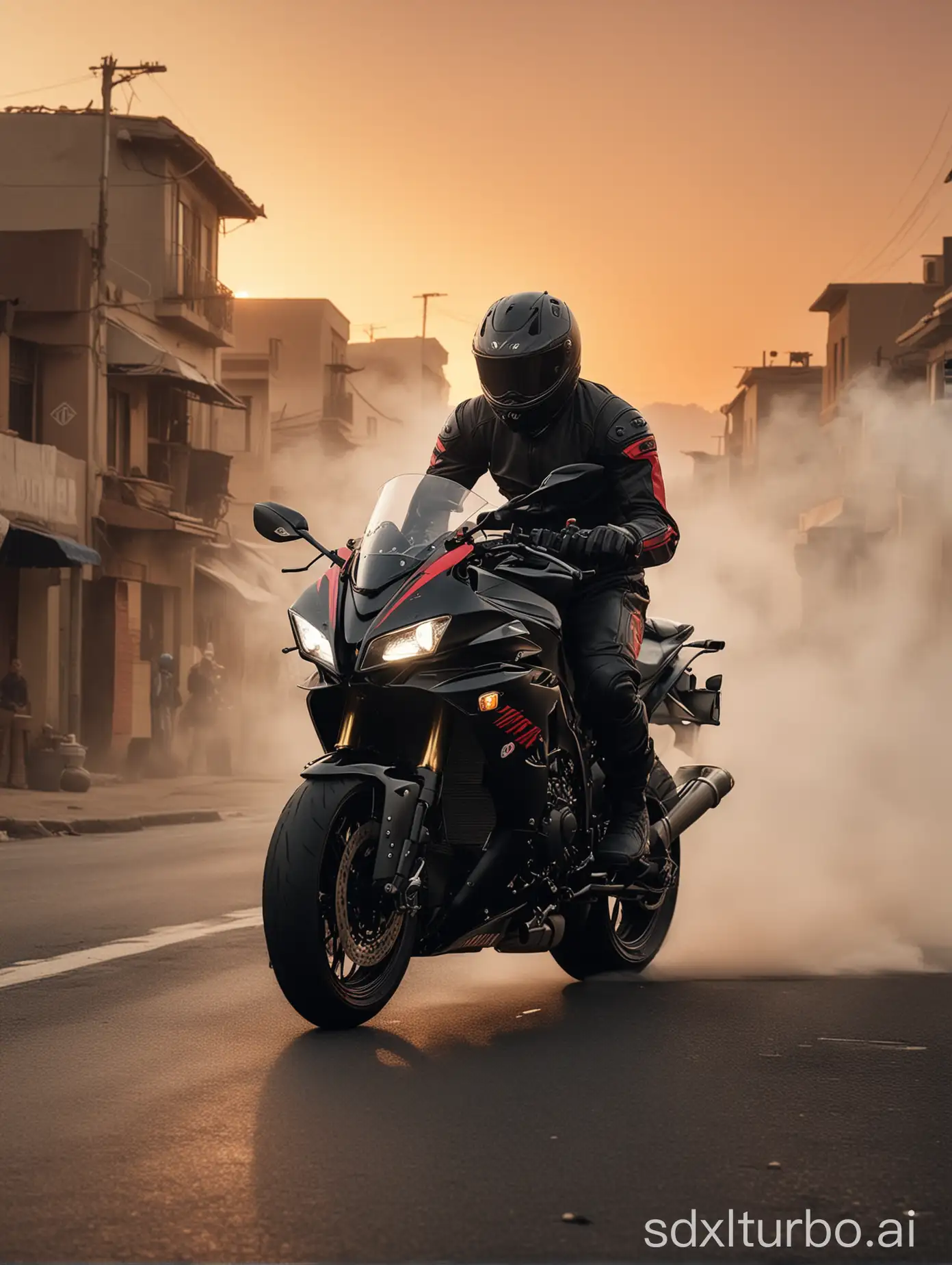 A captivating image of an 18-year-old young man expertly riding a sleek black Yamaha R1 motorcycle. He is fully geared up in a black protective suit and helmet, both adorned with subtle red accents. The motorcycle roars to life as it races down a deserted street during a sunset, leaving a trail of smoke and a sense of adrenaline in its wake.