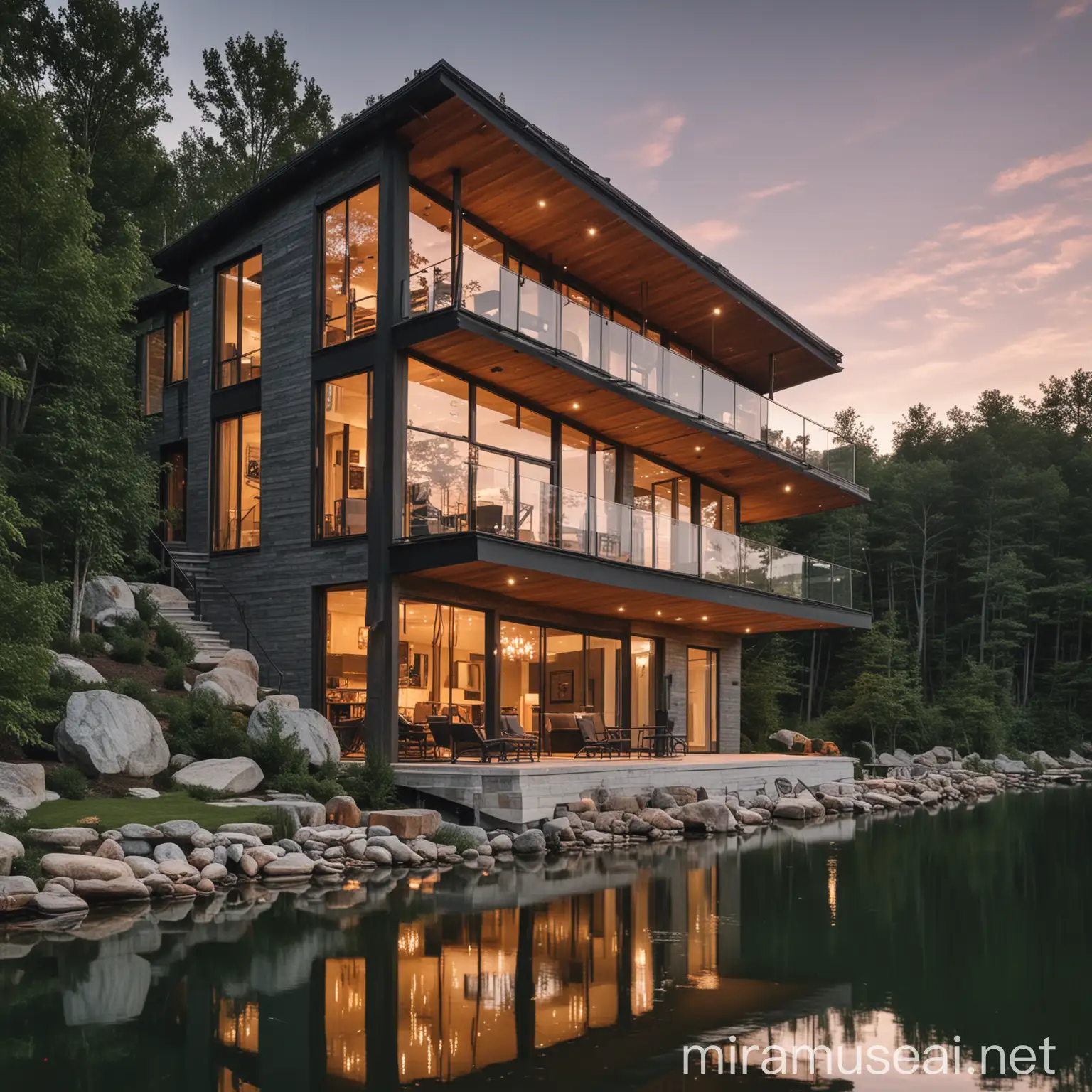 Modern lake house with balconies

