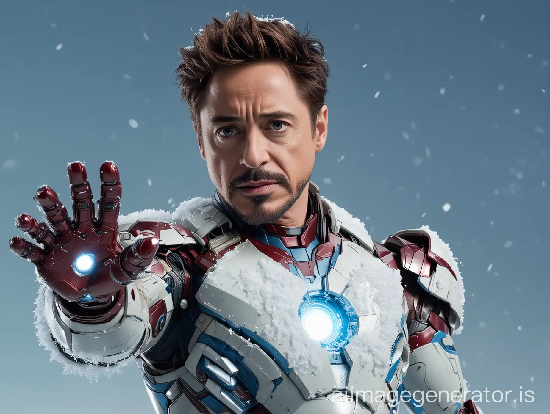 Robert Downey as iron man in complete white and blue suit, glowing object in hand, white snow in background, blue background