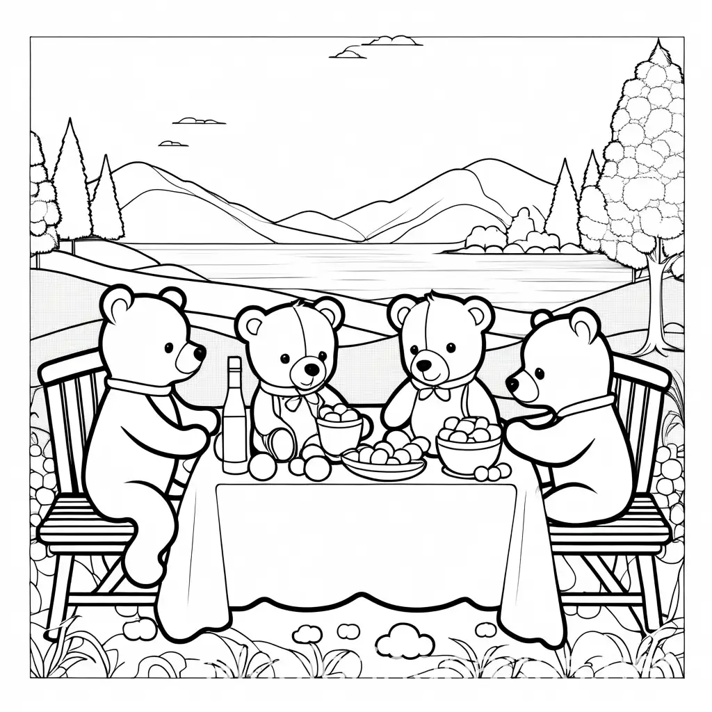 Teddy bear picnic, Coloring Page, black and white, line art, white background, Simplicity, Ample White Space. The background of the coloring page is plain white to make it easy for young children to color within the lines. The outlines of all the subjects are easy to distinguish, making it simple for kids to color without too much difficulty
