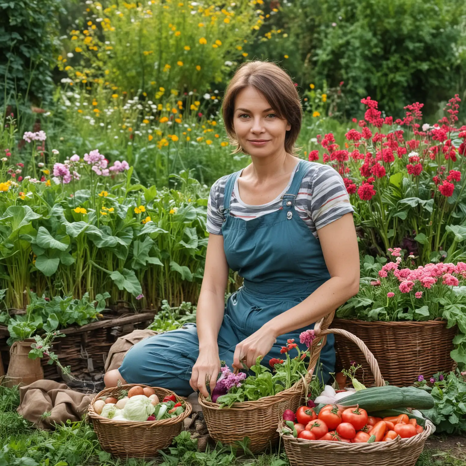 a woman, Russian, 40-45 years old, gardeners, sitting in the garden, flowers on the background, in front of her a basket of vegetables