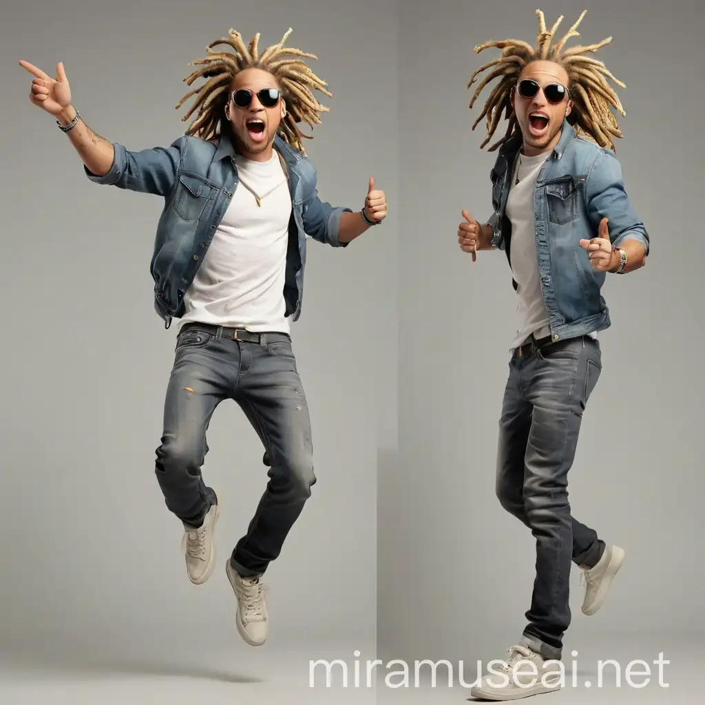 Young Man with Blond Dreadlocks Singing and Jumping with Sunglasses and Microphone
