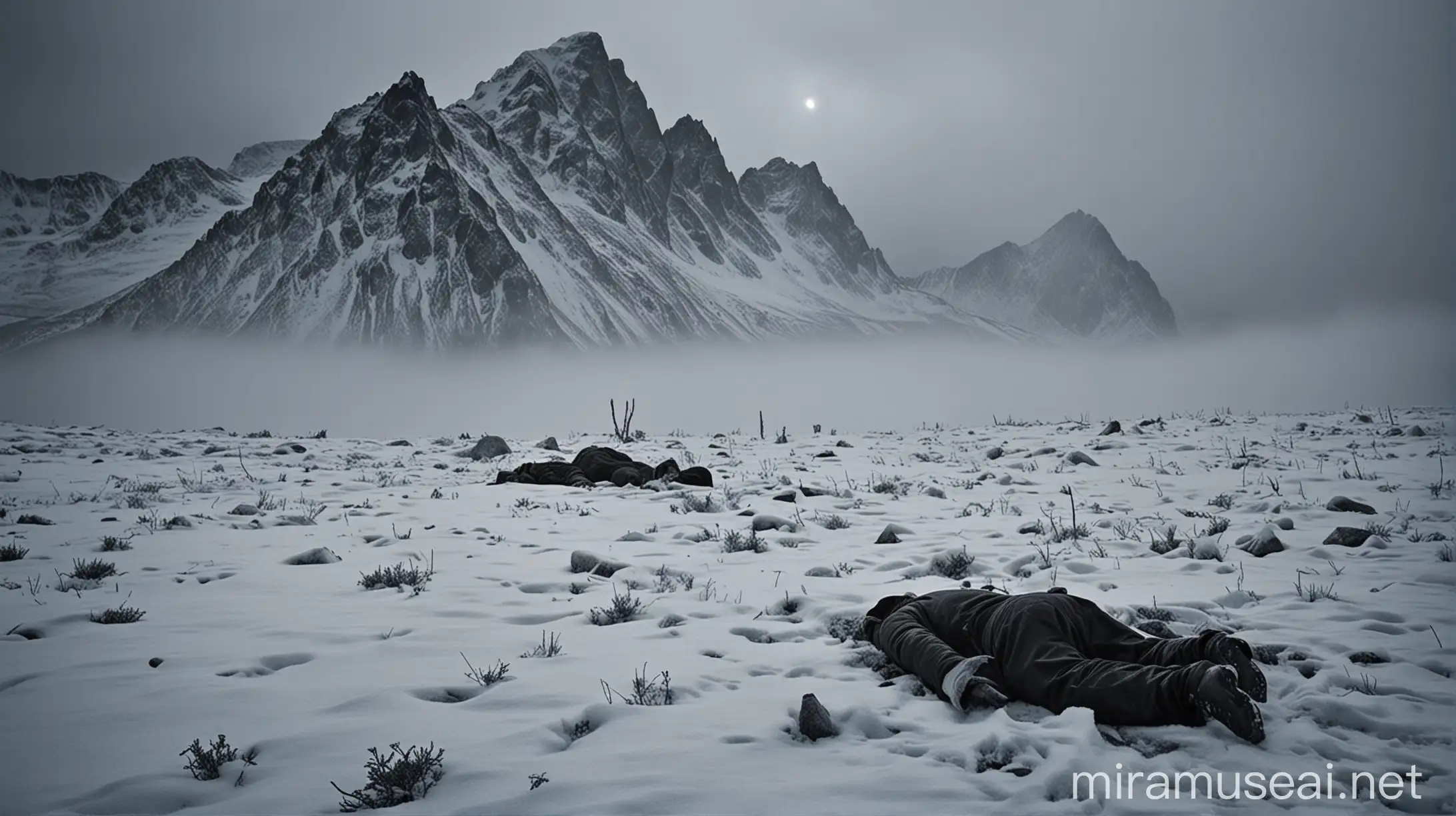 "A chilling thumbnail for 'The Dyatlov Pass Incident: A Chilling Unexplained Mystery' featuring a hauntingly dark and snowy mountain landscape, with a faint trace of a tent in the distance, surrounded by eerie mist and an unsettling atmosphere. In the foreground, a faint outline of a hiker's corpse, frozen in a twisted pose, with eyes glowing with an otherworldly light, as if frozen in a scream of terror."