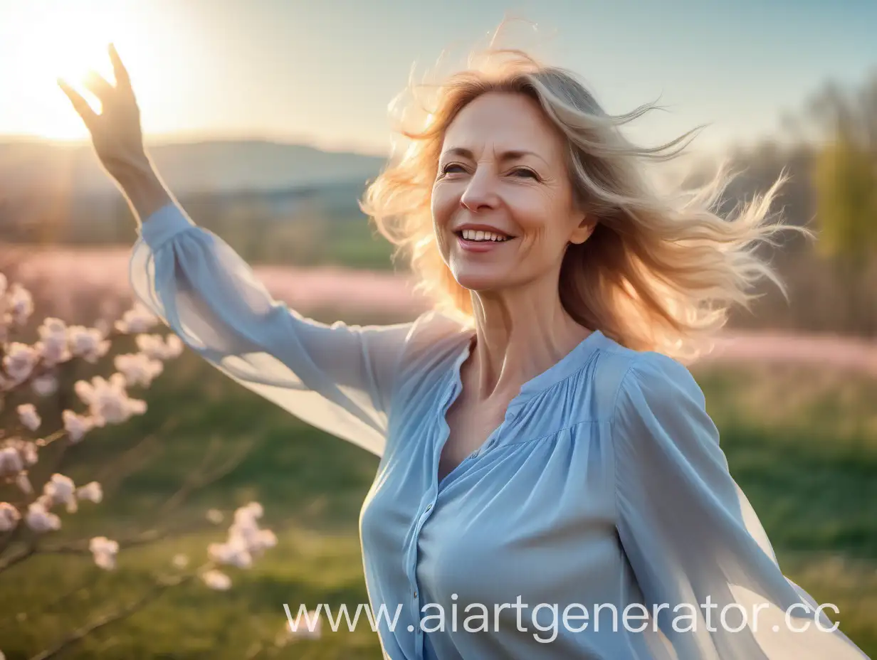 нежная счастливая женщина, 40 лет, со светлыми волосами развивающимися на ветру, в бледно-голубой легкой рубашке,  на фоне весеннего пейзажа, восходящего солнца, голубо розовое небо
