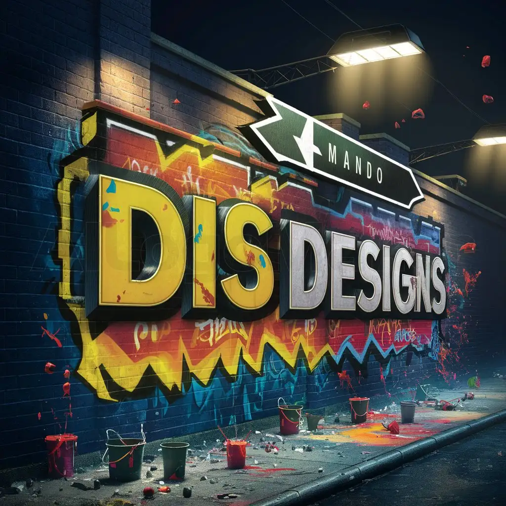 a logo design,with the text "Disc designs", main symbol:A freshly painted illegal graffiti art project on a brick wall, night scene, overhead street lights, In the upper third of the logo there is a wide arrow depicting 'MANDO', deep bright colors, street lighting, graffiti-style text and art, sidewalk strewn with buckets of paint, paint cups, spilled and splashed paint, paint drops flying, tarps. dark background,complex,clear background