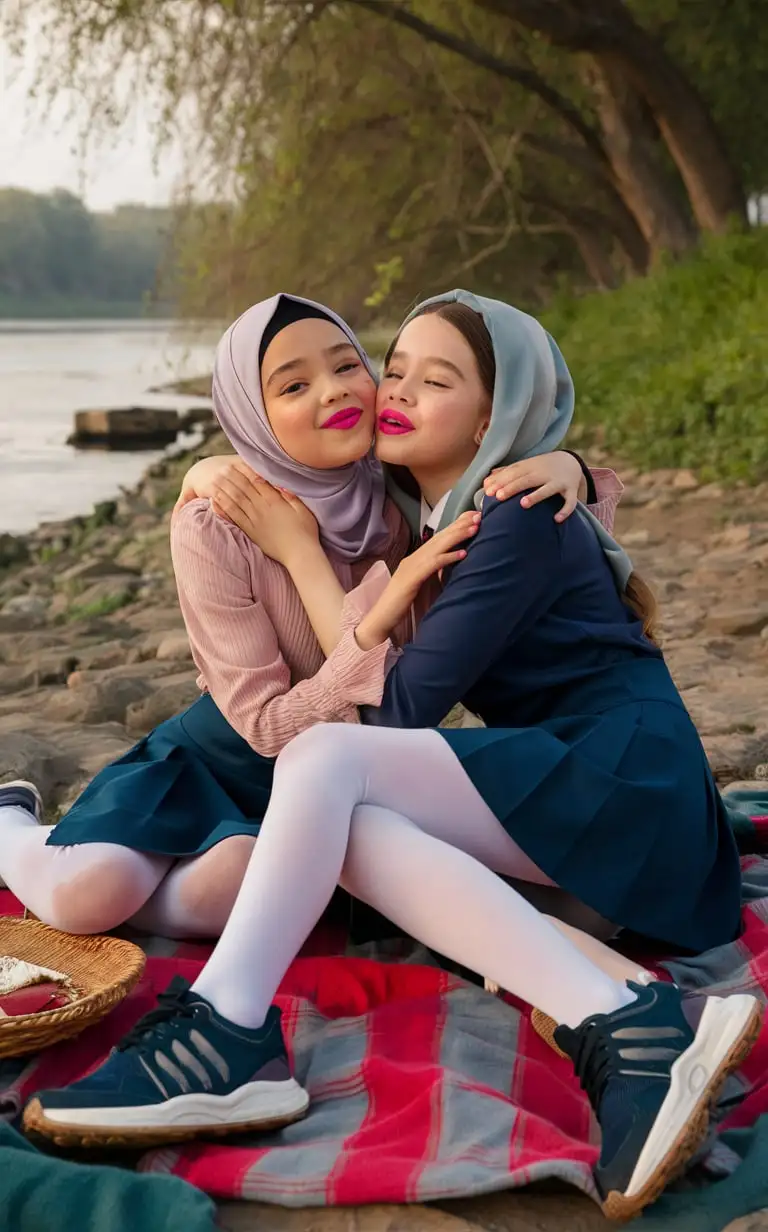 Two-Teenage-Girls-in-Hijab-Having-a-Picnic-by-the-River