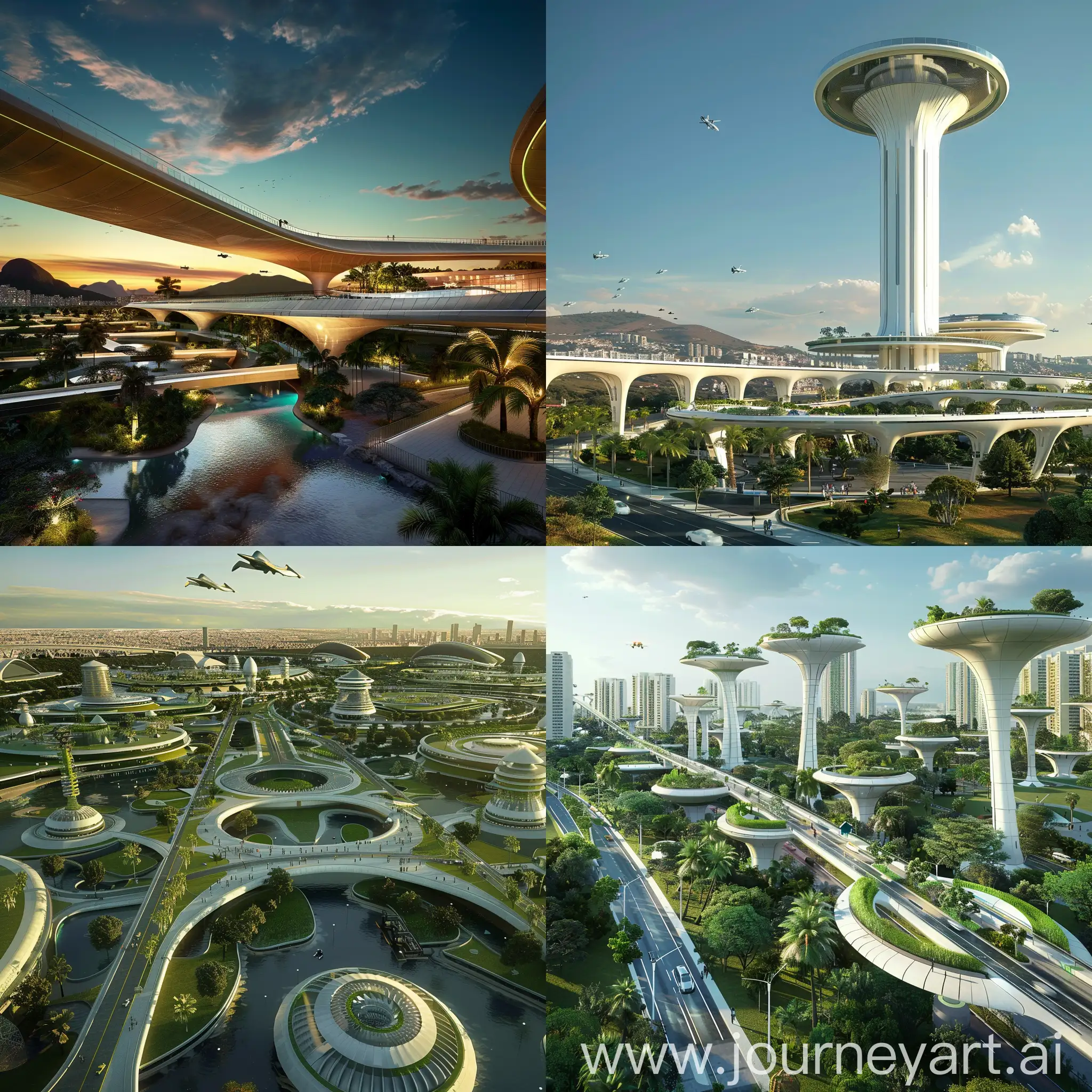 Sci-Fi Brasilia, Advanced Science and Technology, Advanced Achievements of Science and Technology, Smart Grids, Water Reclamation Facilities. Vertical Farms, Waste-to-Energy Plants, Autonomous Public Transport, Green Buildings, Urban Air Mobility Platforms, Responsive Roadways, Smart Housing, Public Data Hubs, Dynamic Facades, Drone Delivery Ports, Solar Canopies, Atmospheric Water Generators, Elevated Greenways, Kinetic Energy Harvesters, Interactive Public Art, Air Purification Towers, Light Pollution Reducers, Climate Resilience Barriers, In Unreal Engine 5 Style --stylize 1000